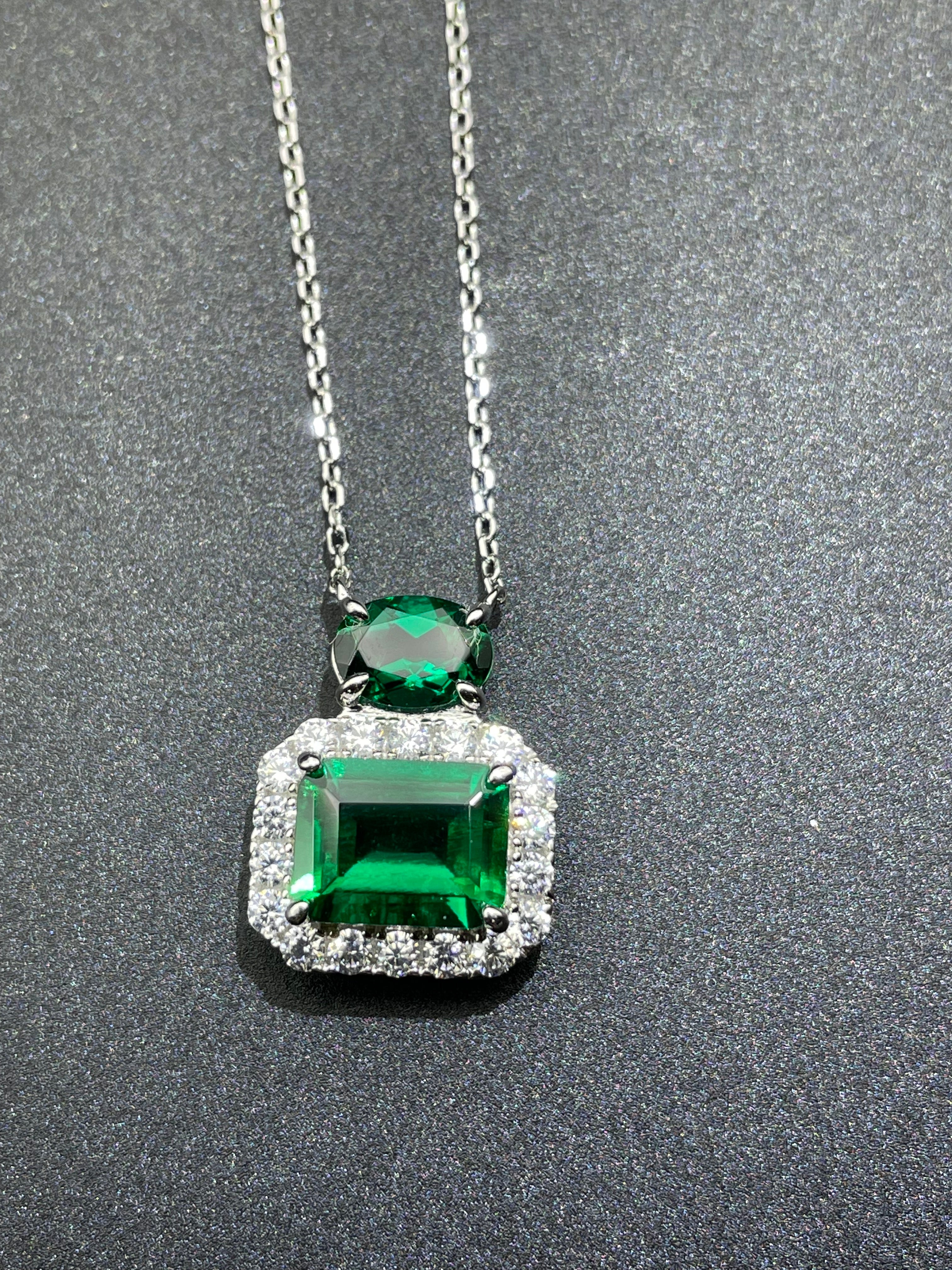 Lab-Grown Emerald - Square Emerald Diamond Halo Twin Crystal Pendant
