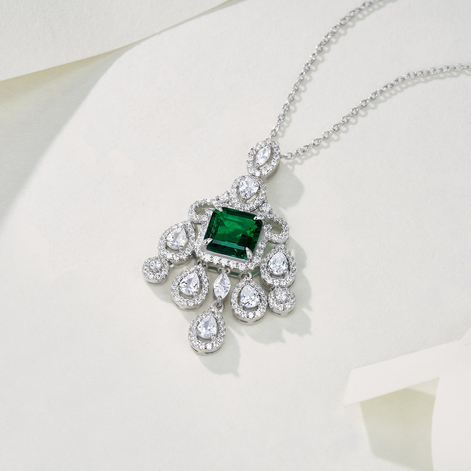 Lab-Grown Emerald - Square Emerald Diamond Vine Tassel Pendant