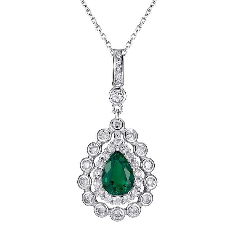 Lab-Grown Emerald - Dewy Emerald Diamond Halo Floral Crown Pendant