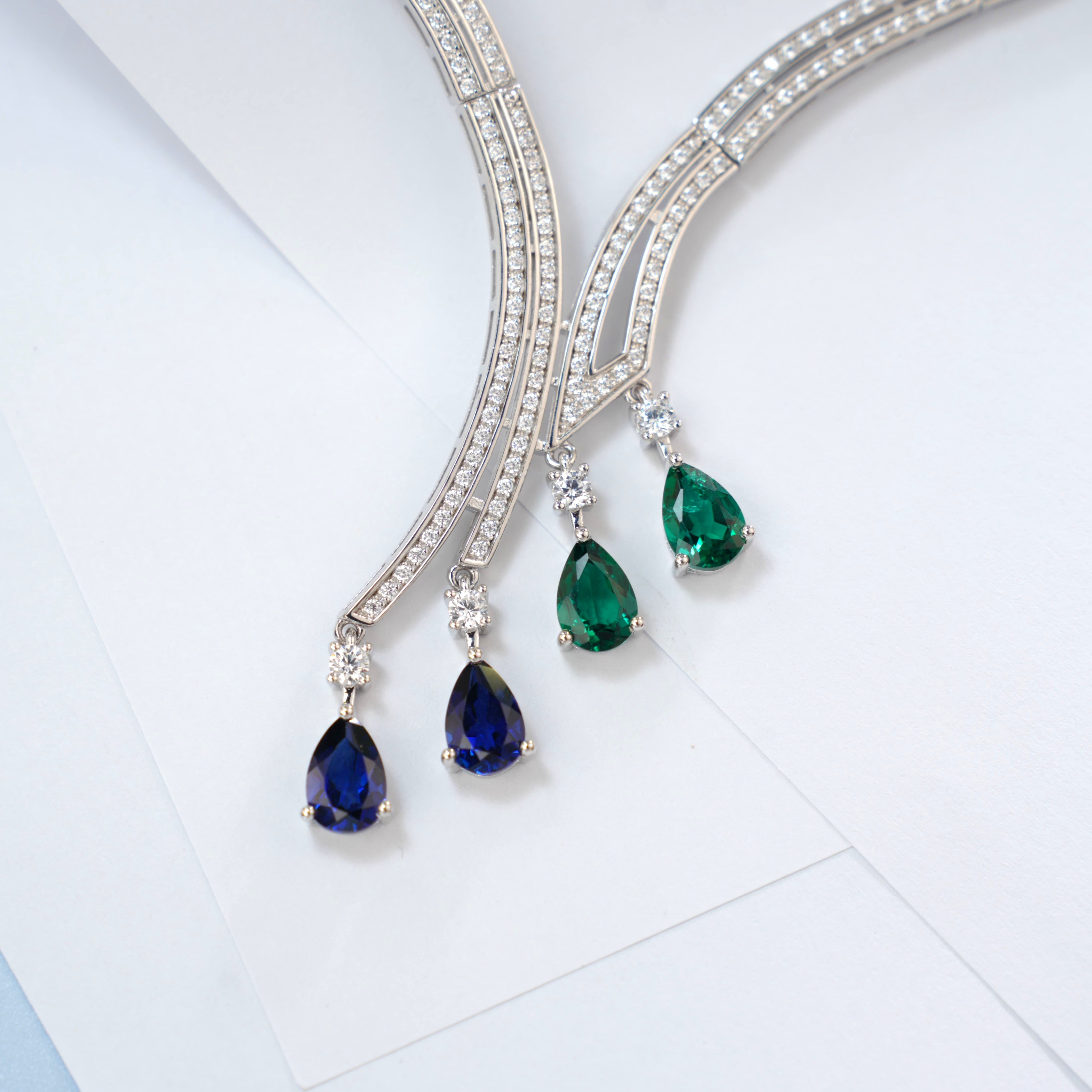 Lab-Grown Emerald - Dewy Emerald Diamond Melody Colorful Drop Necklace