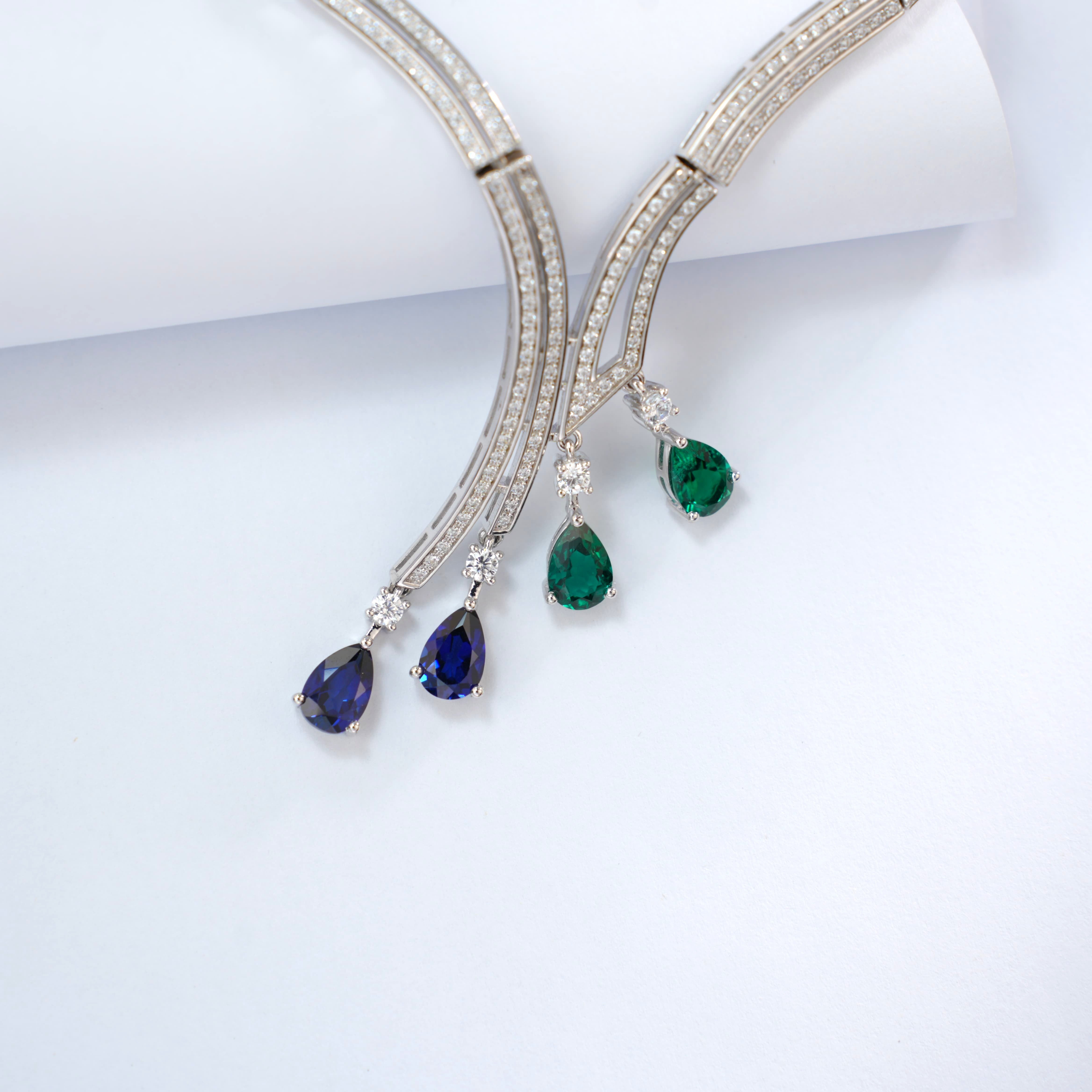 Lab-Grown Emerald - Dewy Emerald Diamond Melody Colorful Drop Necklace