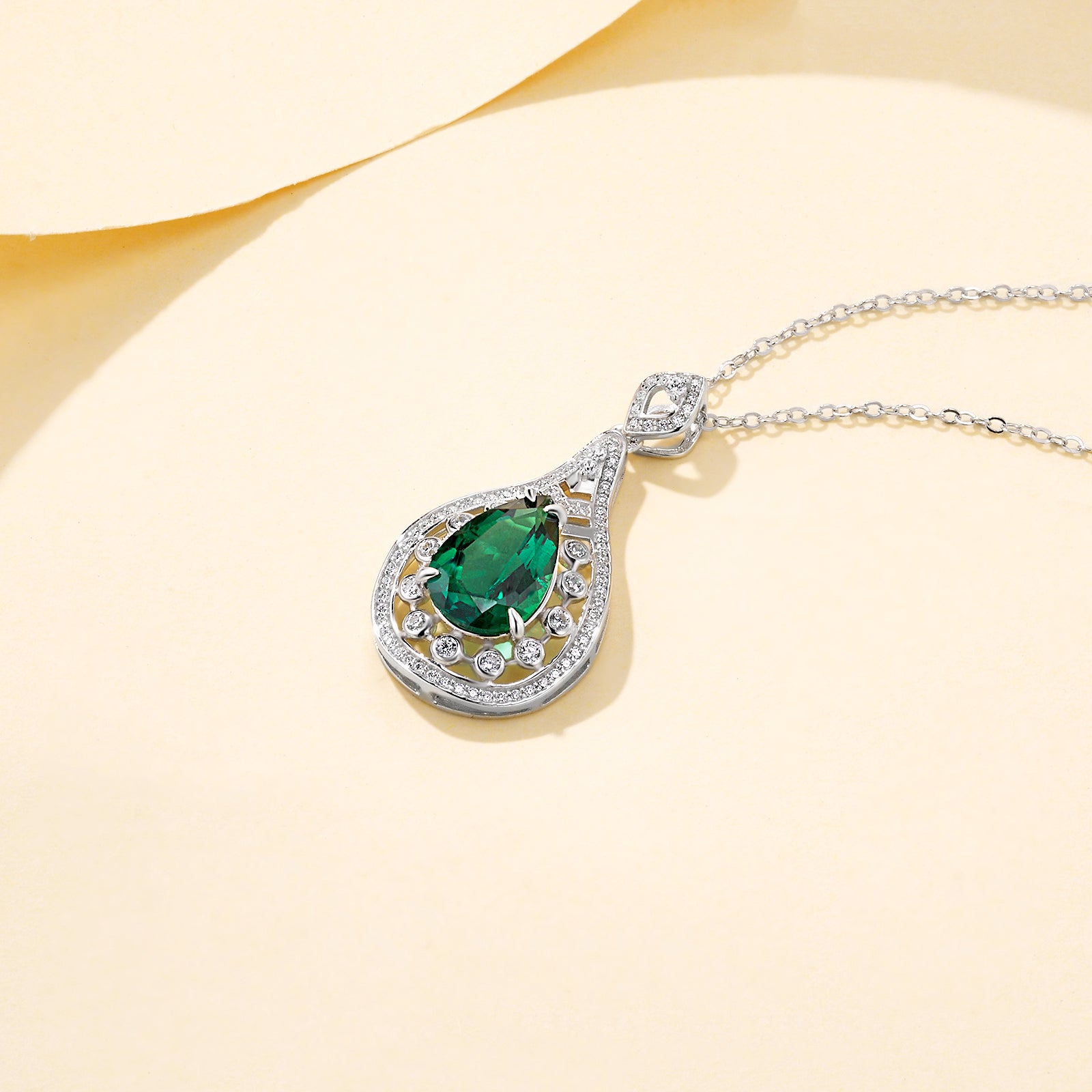 Lab-Grown Emerald - Dewy Emerald Diamond Heart Feather Charm Pendant