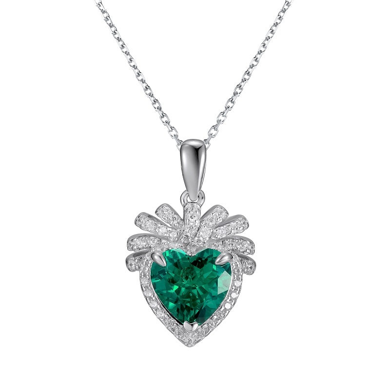 Lab-Grown Emerald - Emerald Heart Diamond Feather Love Charm Pendant