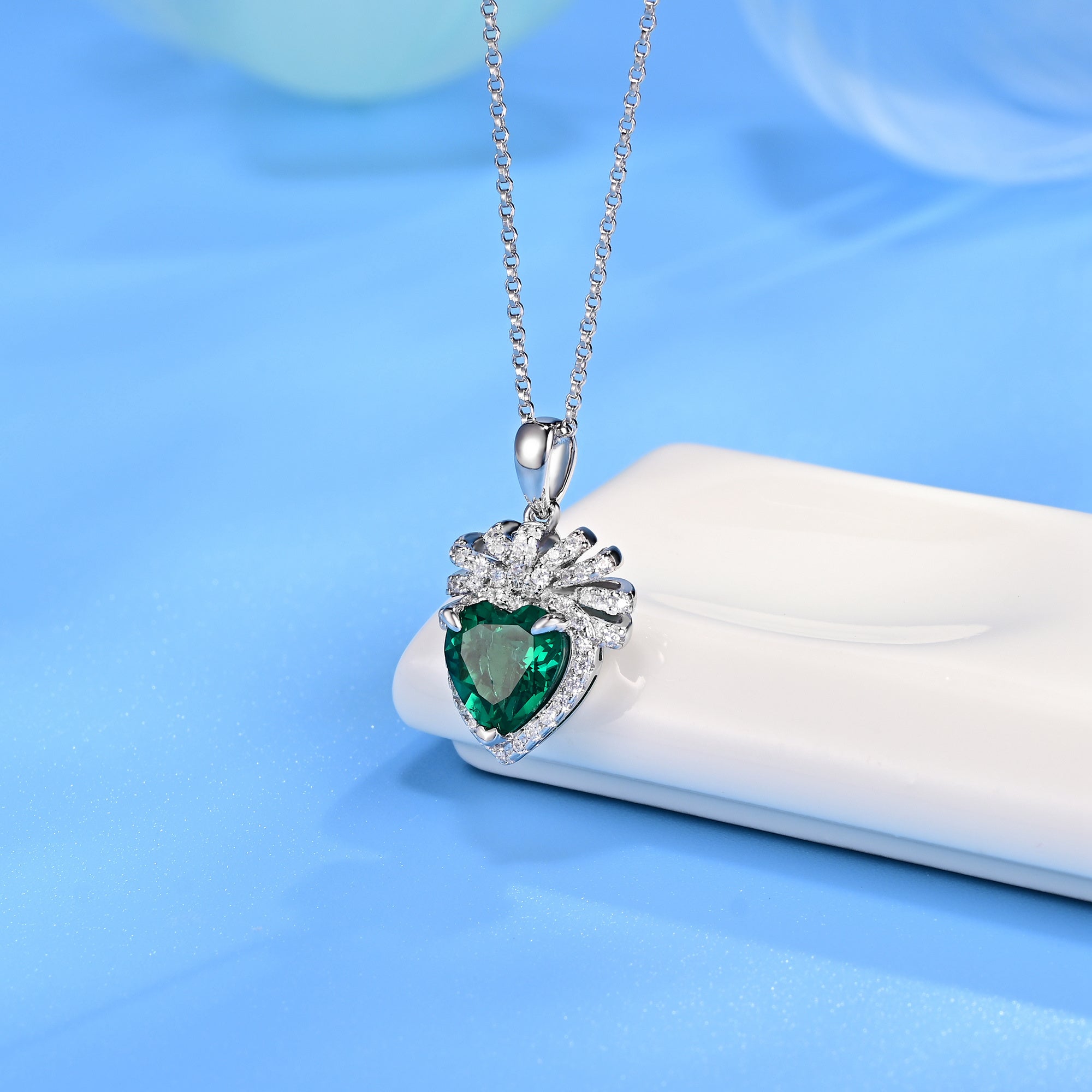 Lab-Grown Emerald - Emerald Heart Diamond Feather Love Charm Pendant