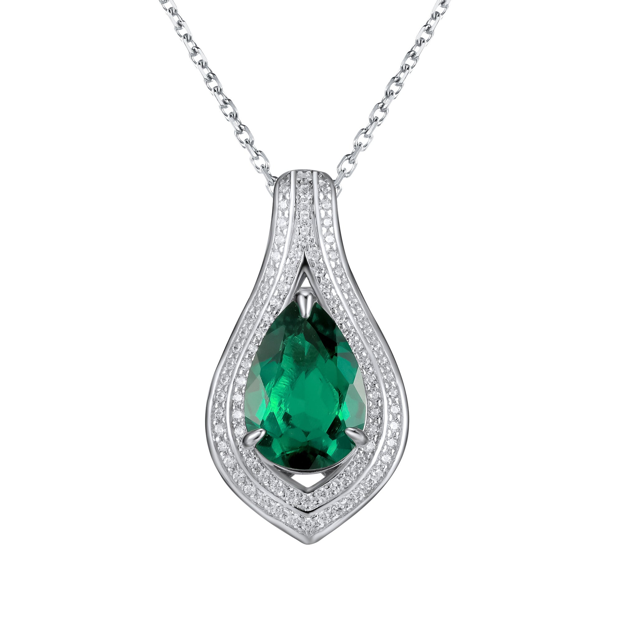Lab-Grown Emerald - Dewy Emerald Diamond Double Halo Elegant Charm Pendant