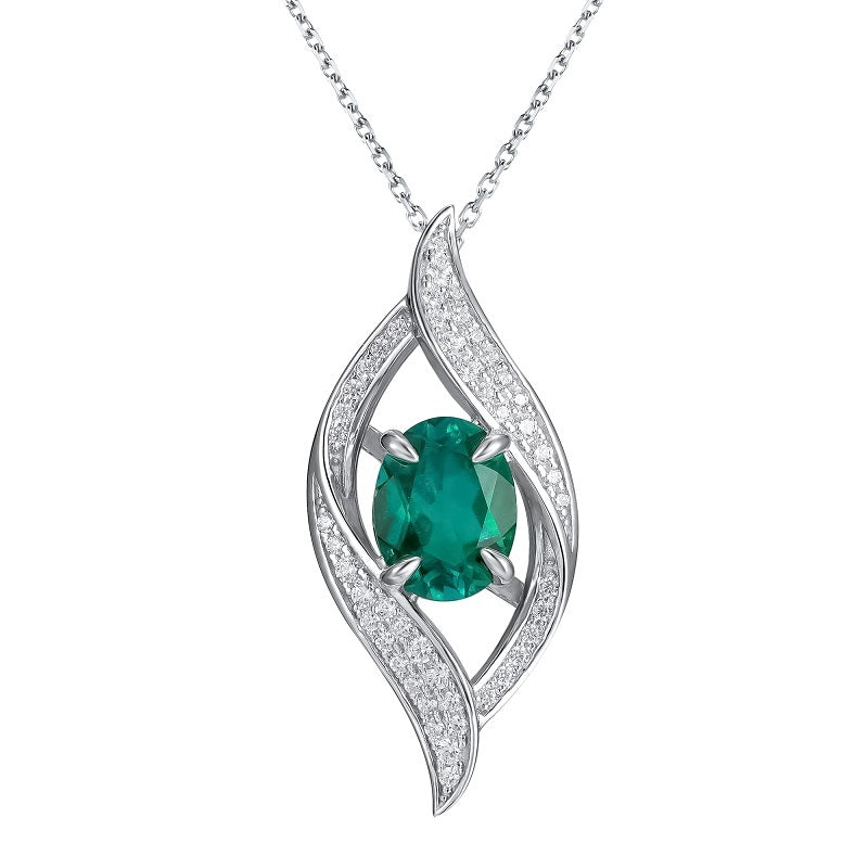 Lab-Grown Emerald - Oval Emerald Diamond Entwined Flowing Charm Pendant