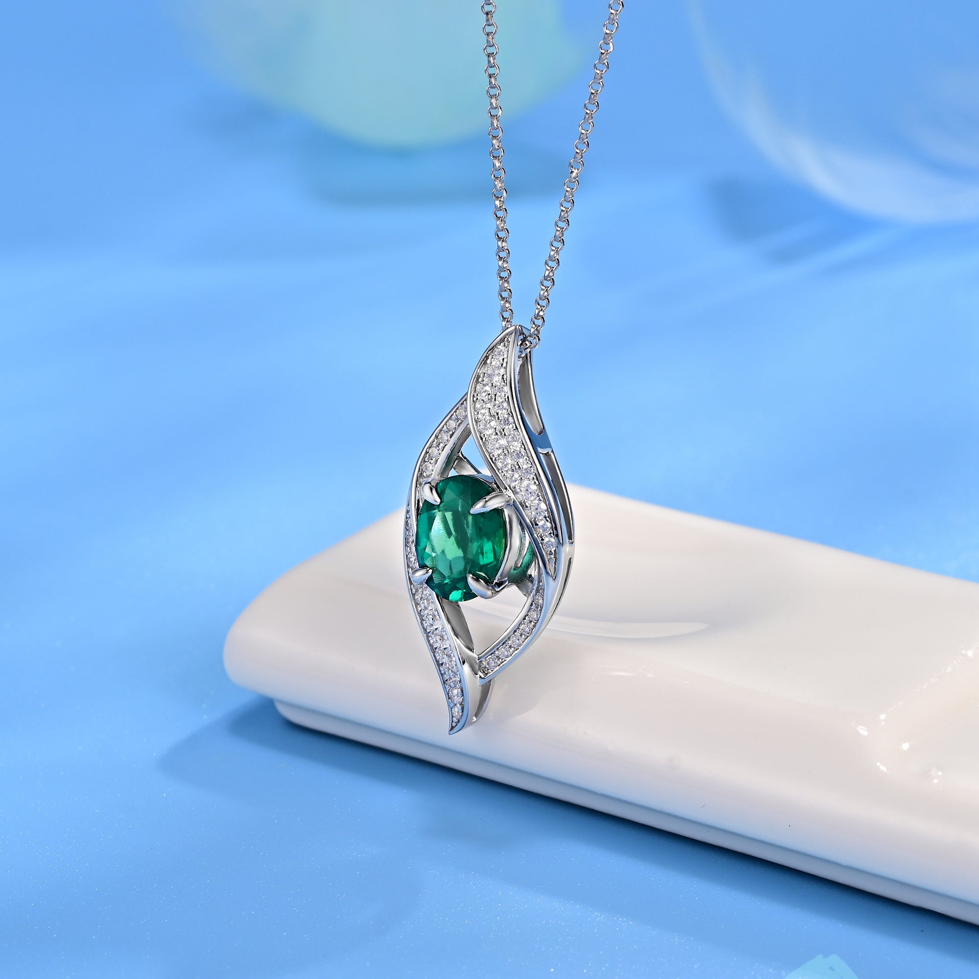 Lab-Grown Emerald - Oval Emerald Diamond Entwined Flowing Charm Pendant