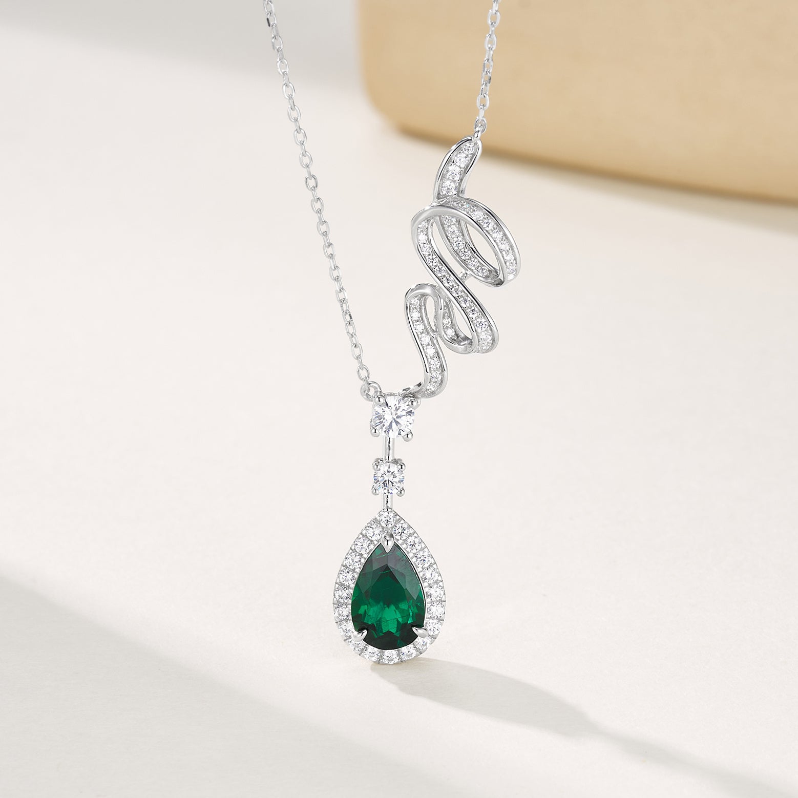 Lab-Grown Emerald - Dewy Emerald Diamond Swirled Entwined Graceful Charm Pendant