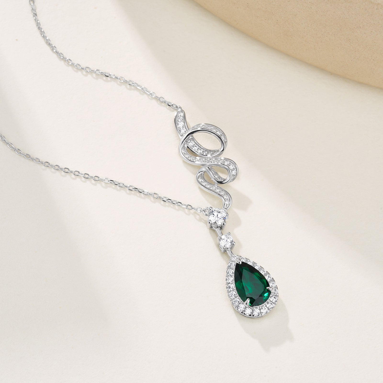 Lab-Grown Emerald - Dewy Emerald Diamond Swirled Entwined Graceful Charm Pendant