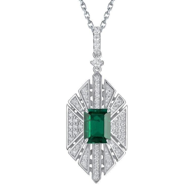 Lab-Grown Emerald - Square Emerald Diamond Wing Starburst Pendant