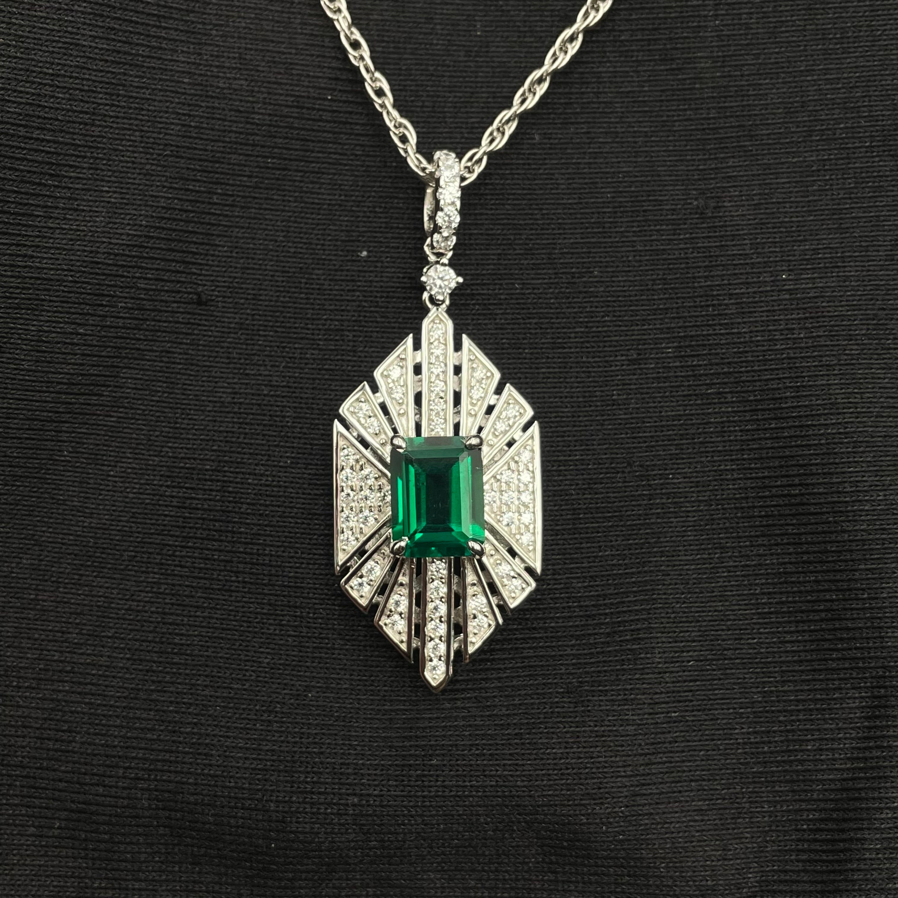 Lab-Grown Emerald - Square Emerald Diamond Wing Starburst Pendant