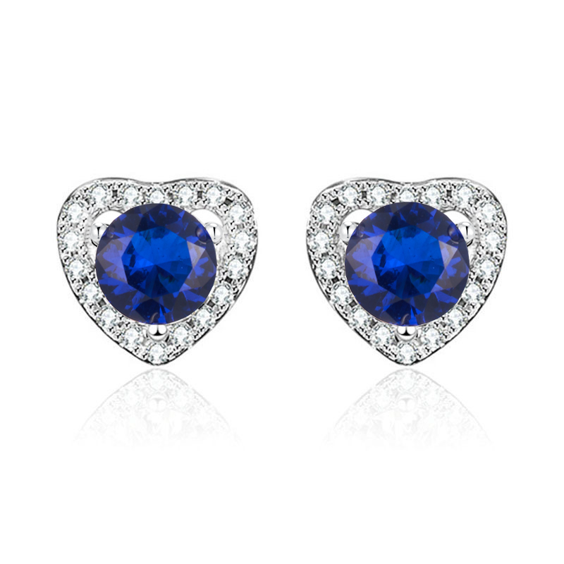 Lab-Grown Sapphire - Round Indigo Sapphire Diamond Heart Glow Stud Earrings
