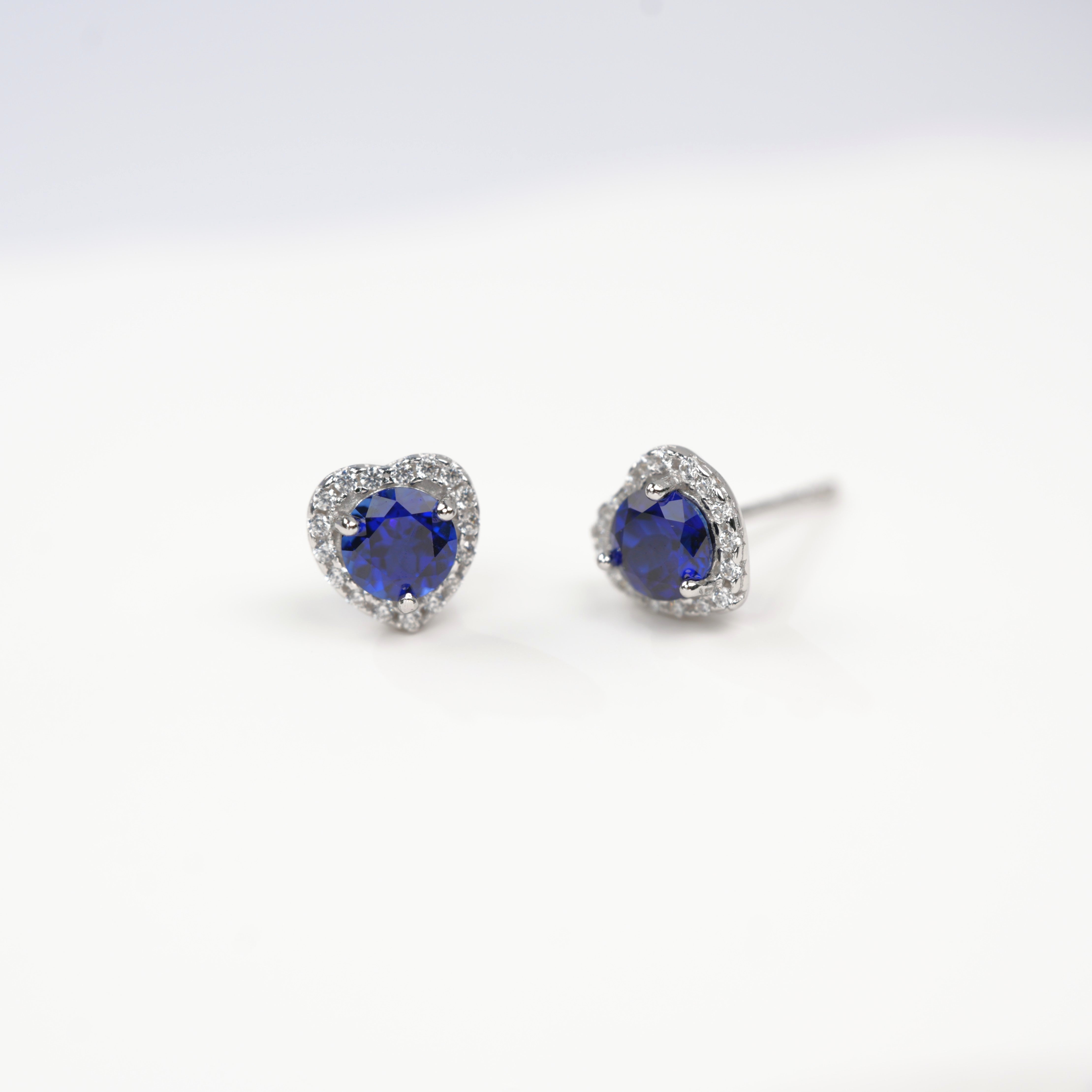 Lab-Grown Sapphire - Round Indigo Sapphire Diamond Heart Glow Stud Earrings