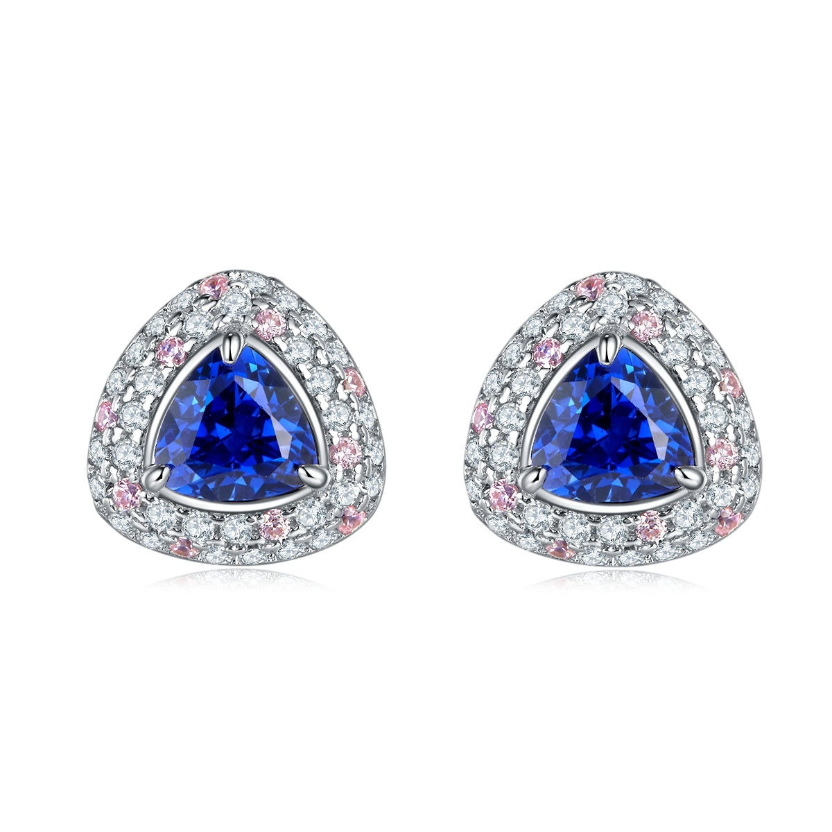 Lab-Grown Sapphire - Trillion Indigo Sapphire Diamond Pink Pavé Stud Earrings
