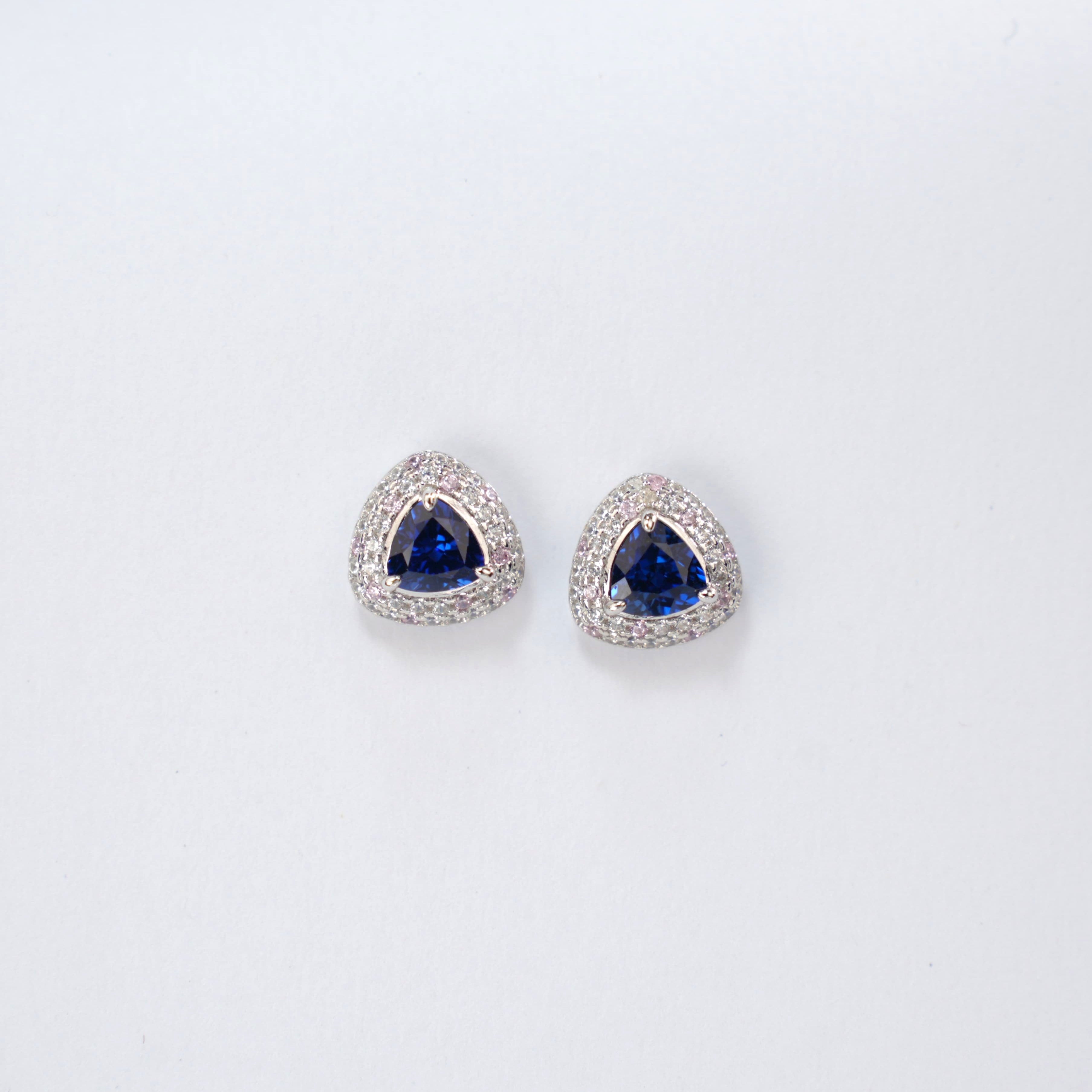 Lab-Grown Sapphire - Trillion Indigo Sapphire Diamond Pink Pavé Stud Earrings