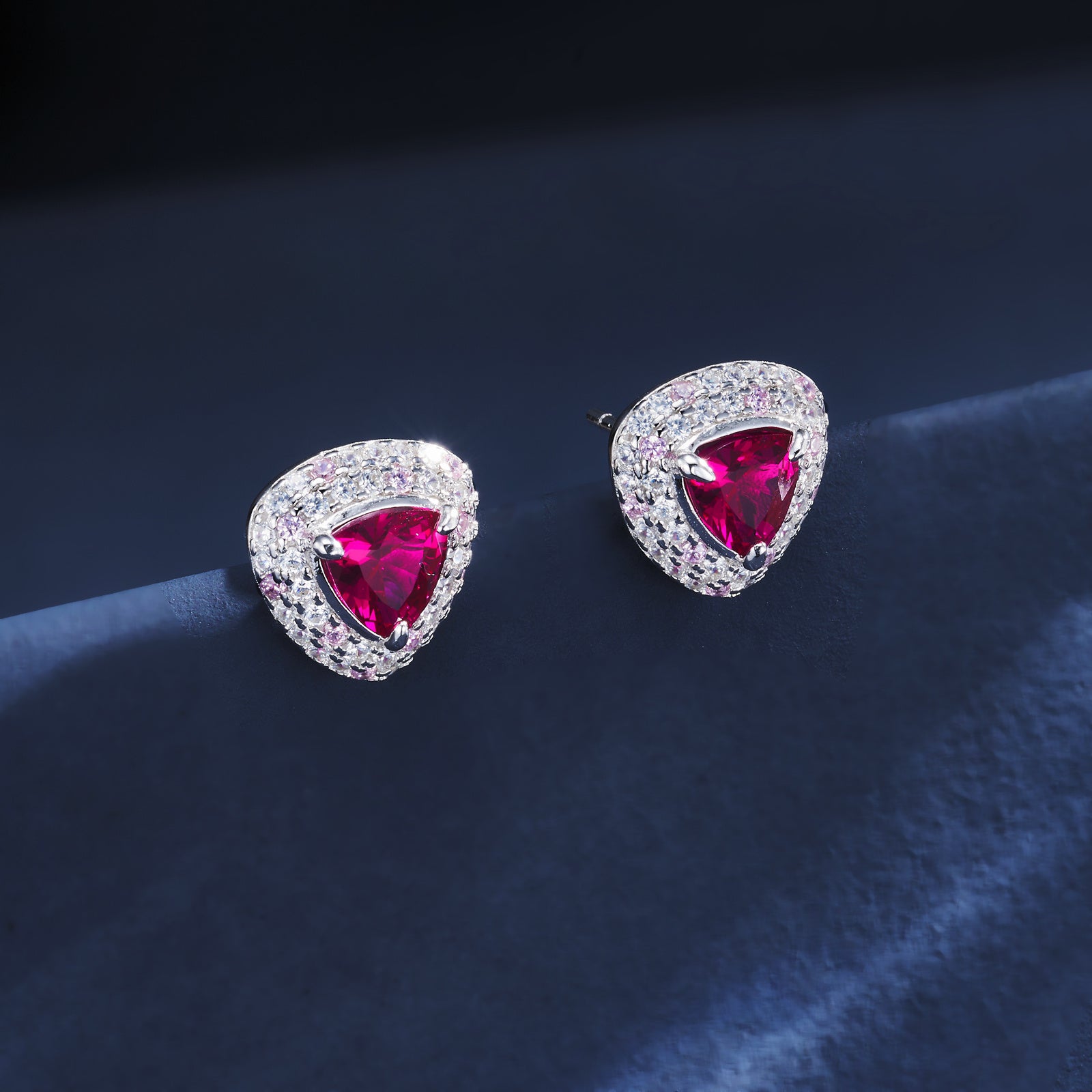 Lab-Grown Sapphire - Trillion Indigo Sapphire Diamond Pink Pavé Stud Earrings