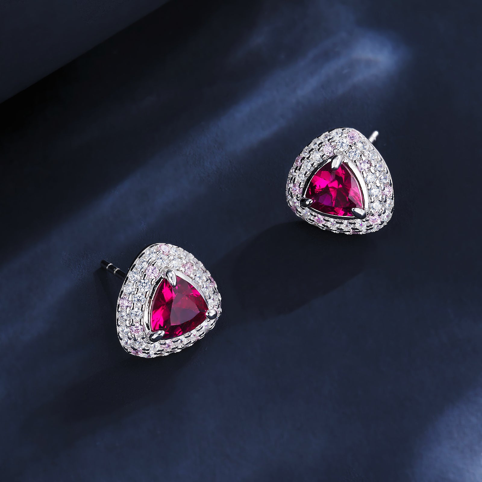 Lab-Grown Sapphire - Trillion Indigo Sapphire Diamond Pink Pavé Stud Earrings
