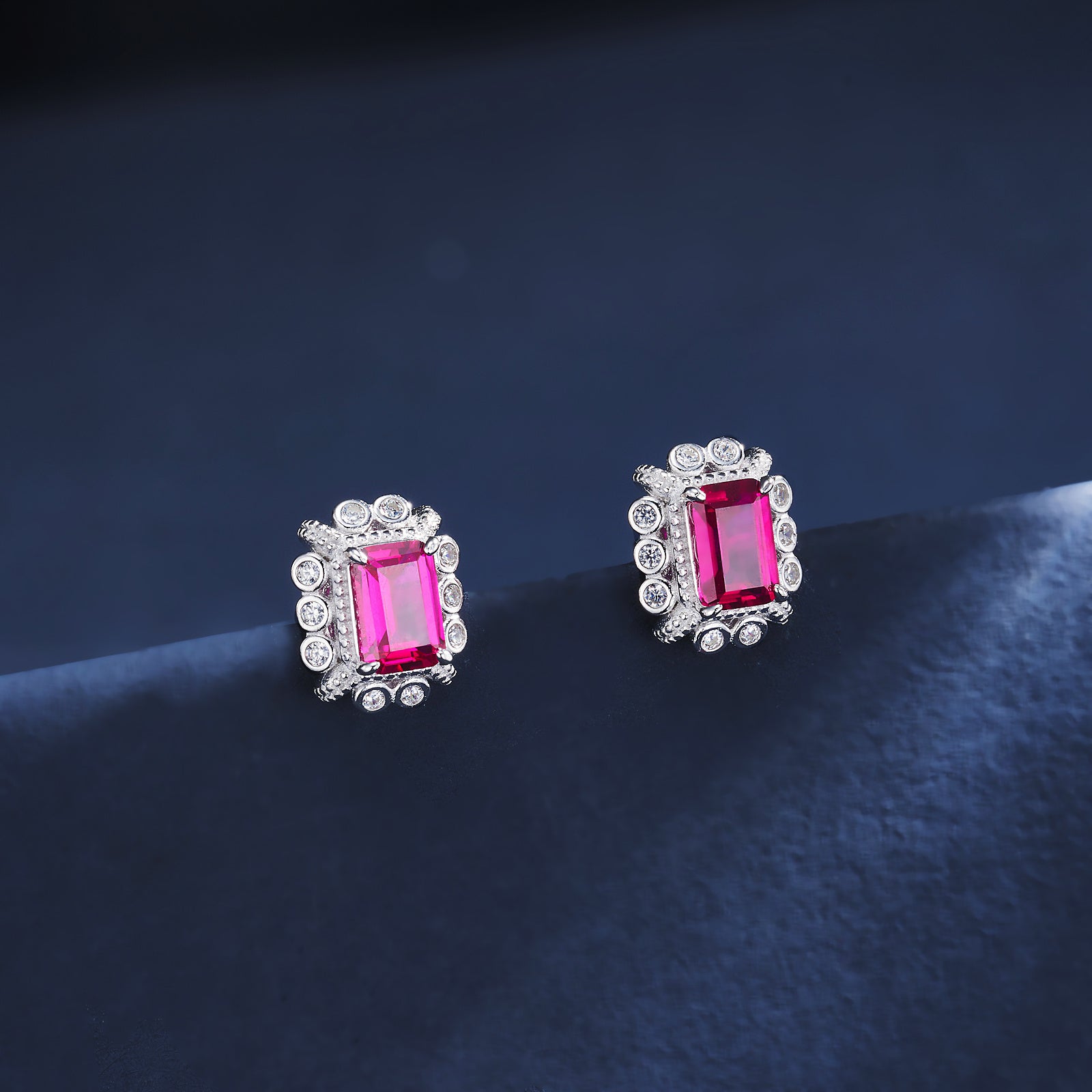 Lab-Grown Sapphire - Square Indigo Sapphire Diamond Cluster Radiance Stud Earrings