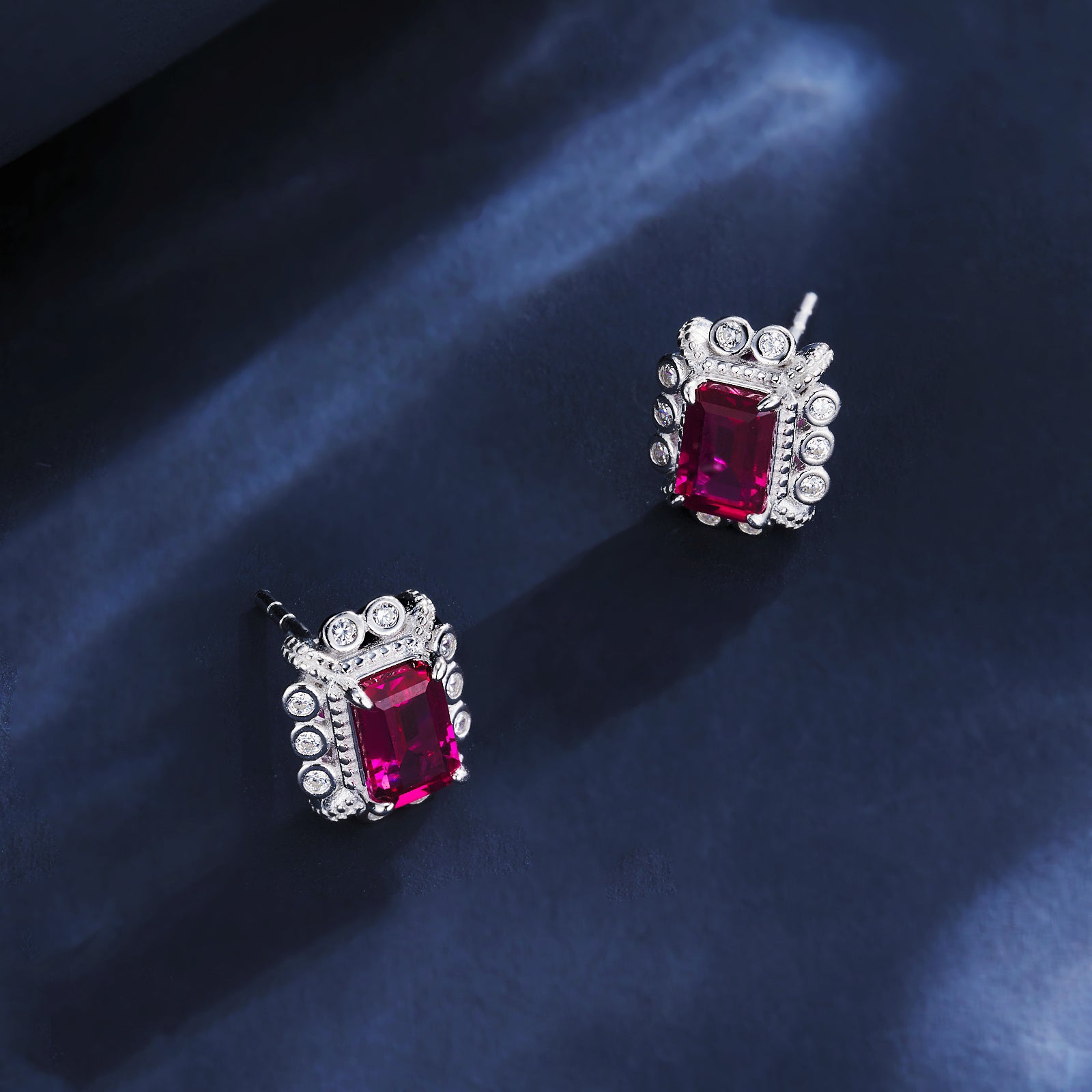 Lab-Grown Sapphire - Square Indigo Sapphire Diamond Cluster Radiance Stud Earrings