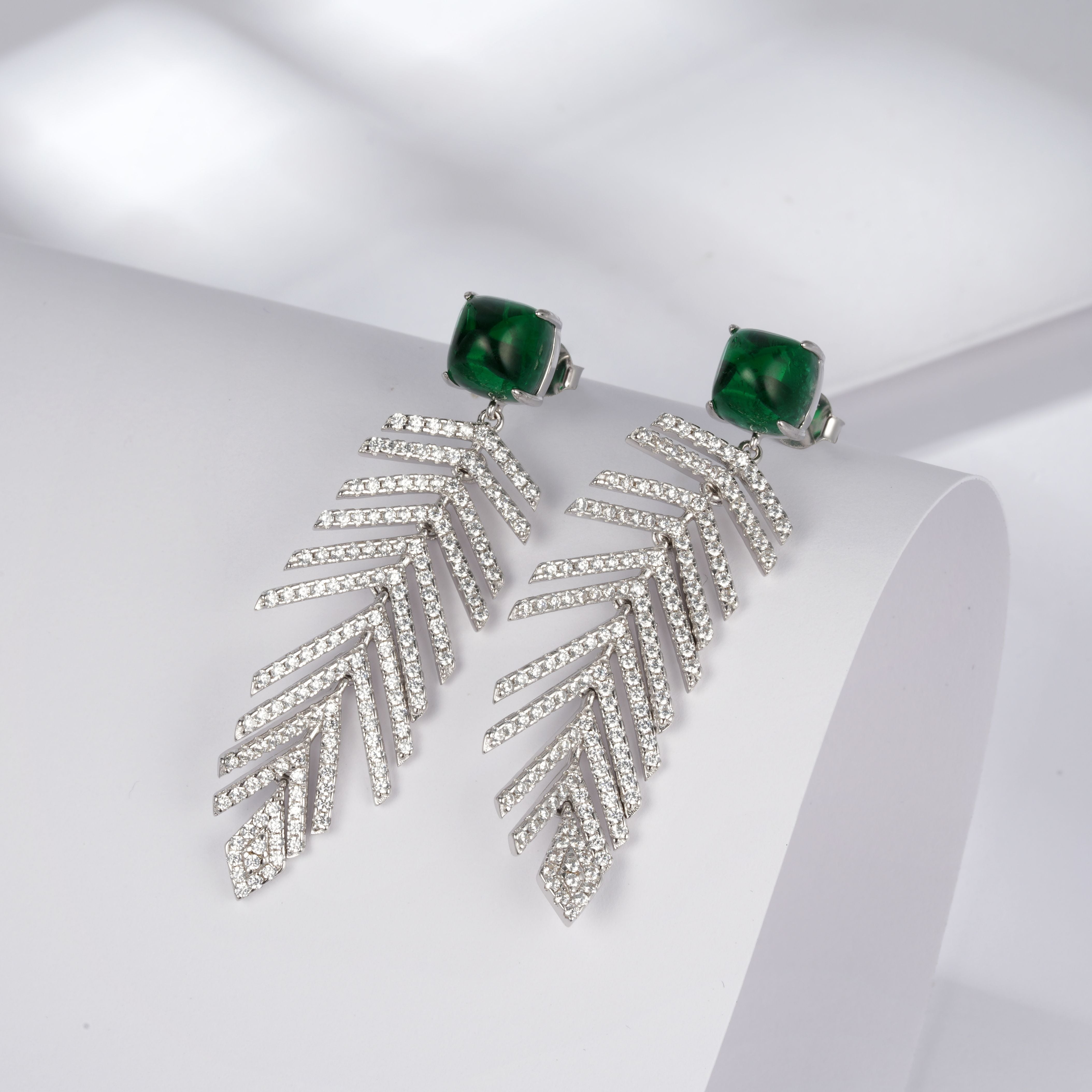 Lab-Grown Emerald - Square Emerald Diamond Feather Sway Dangle Earrings