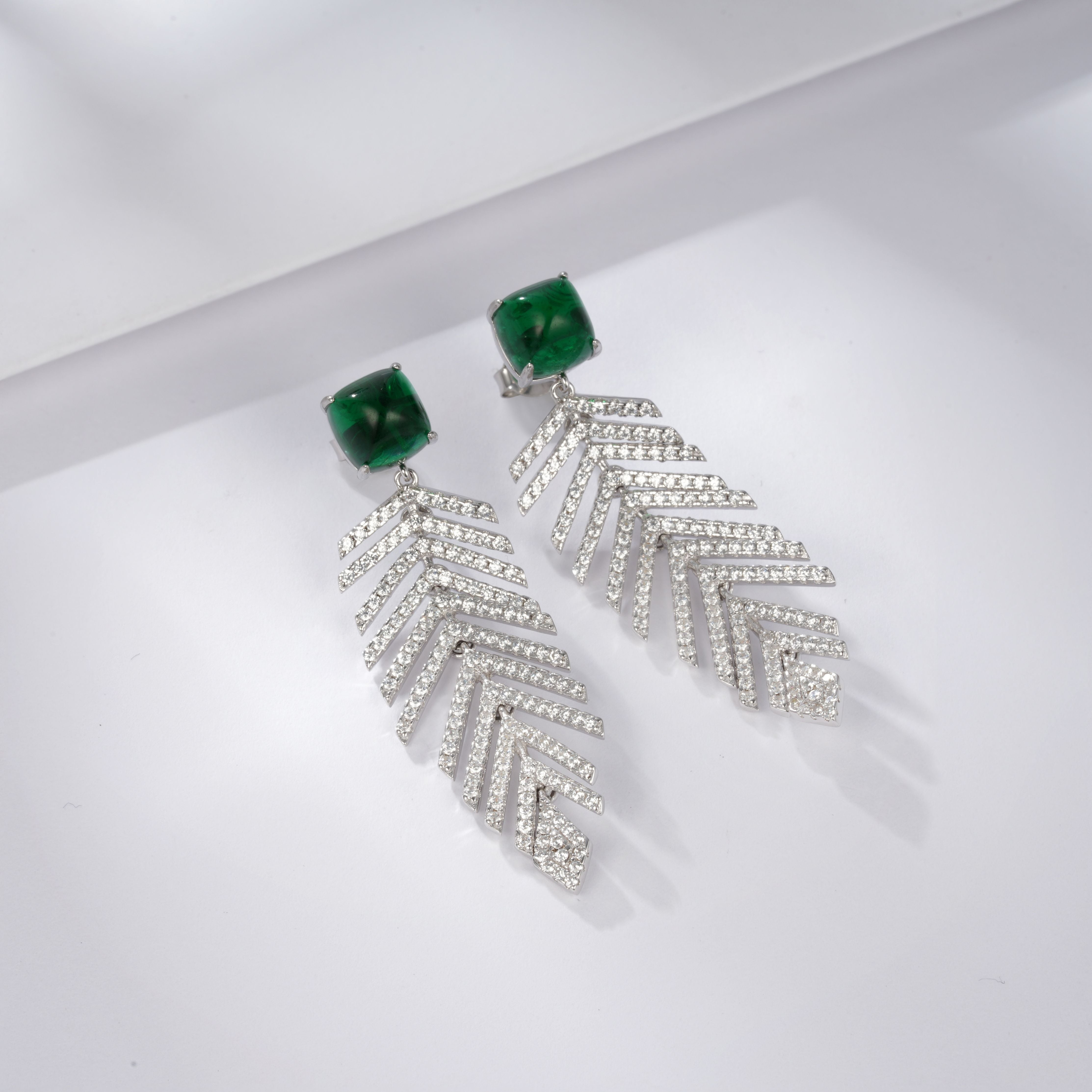 Lab-Grown Emerald - Square Emerald Diamond Feather Sway Dangle Earrings
