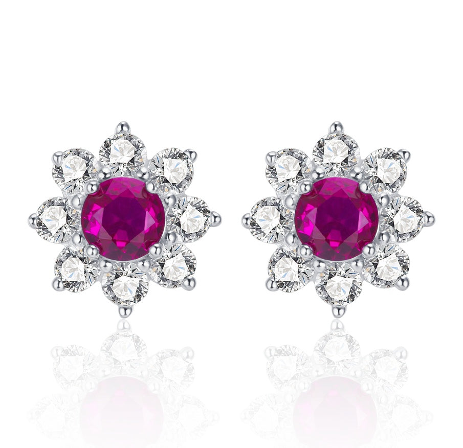 Lab-Grown Sapphire - Round Indigo Sapphire Diamond Flower Cluster Stud Earrings