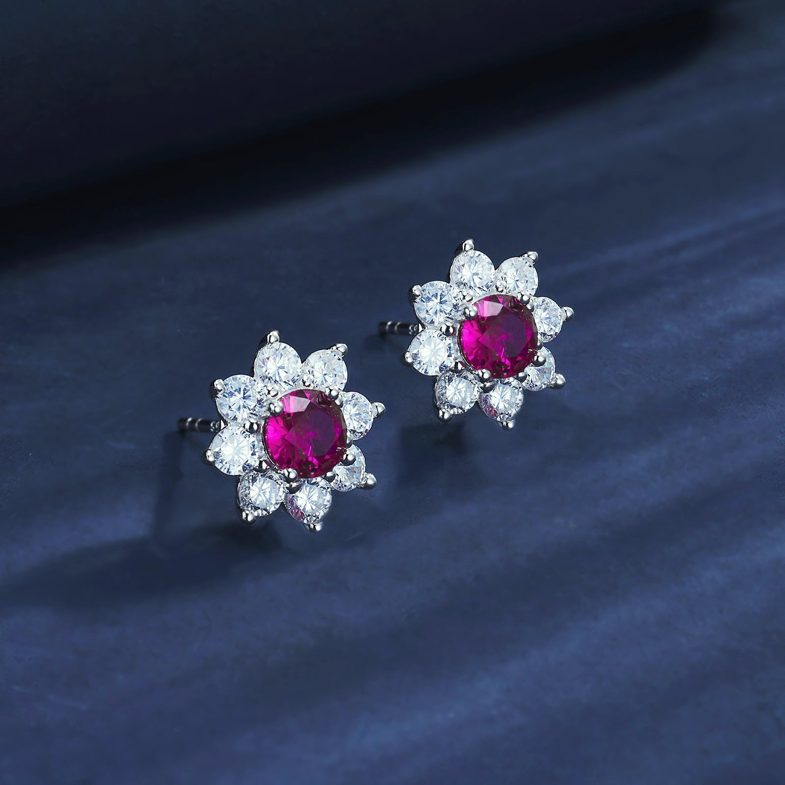 Lab-Grown Sapphire - Round Indigo Sapphire Diamond Flower Cluster Stud Earrings