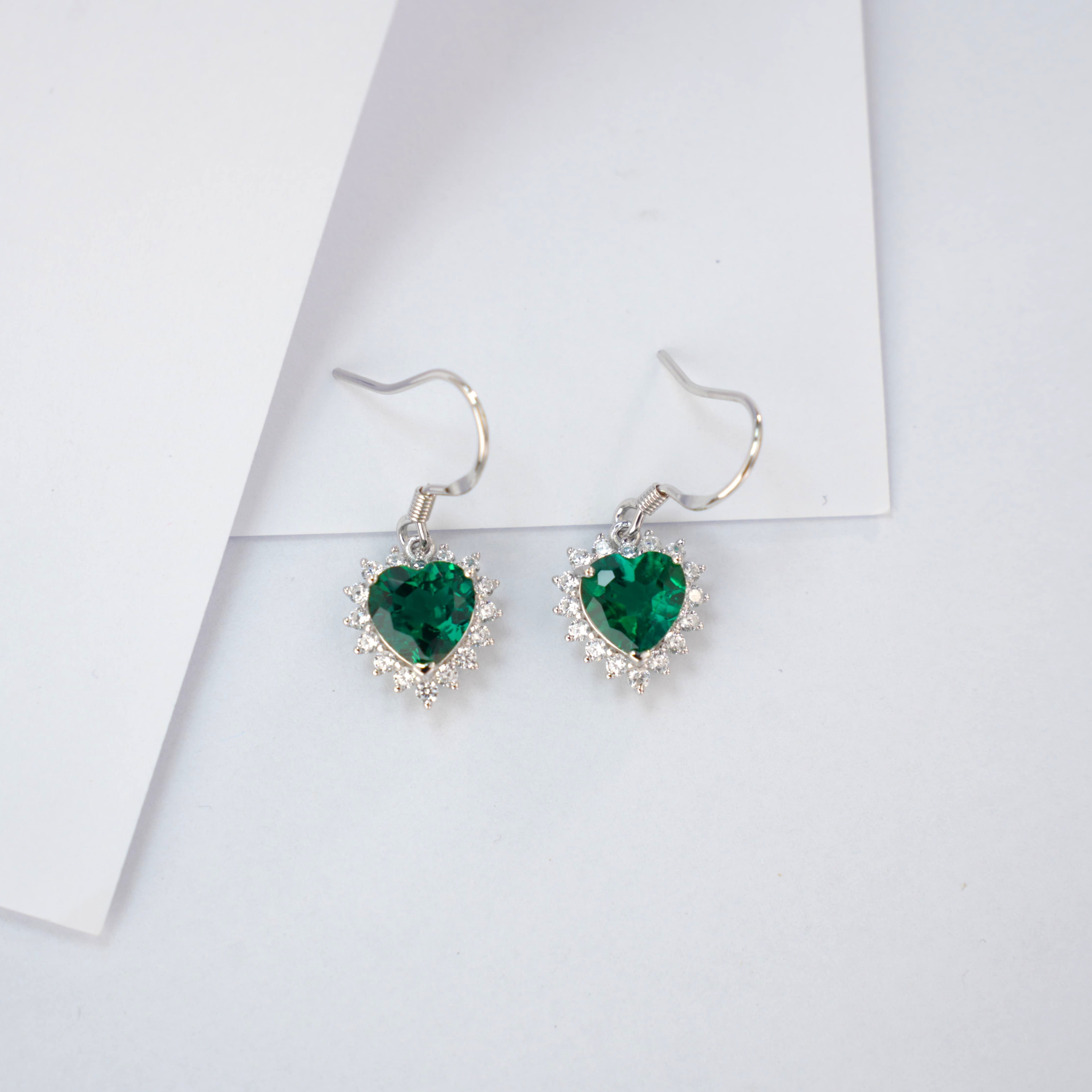 Lab-Grown Emerald - Heart Emerald Diamond Starry Glow Dangle Earrings