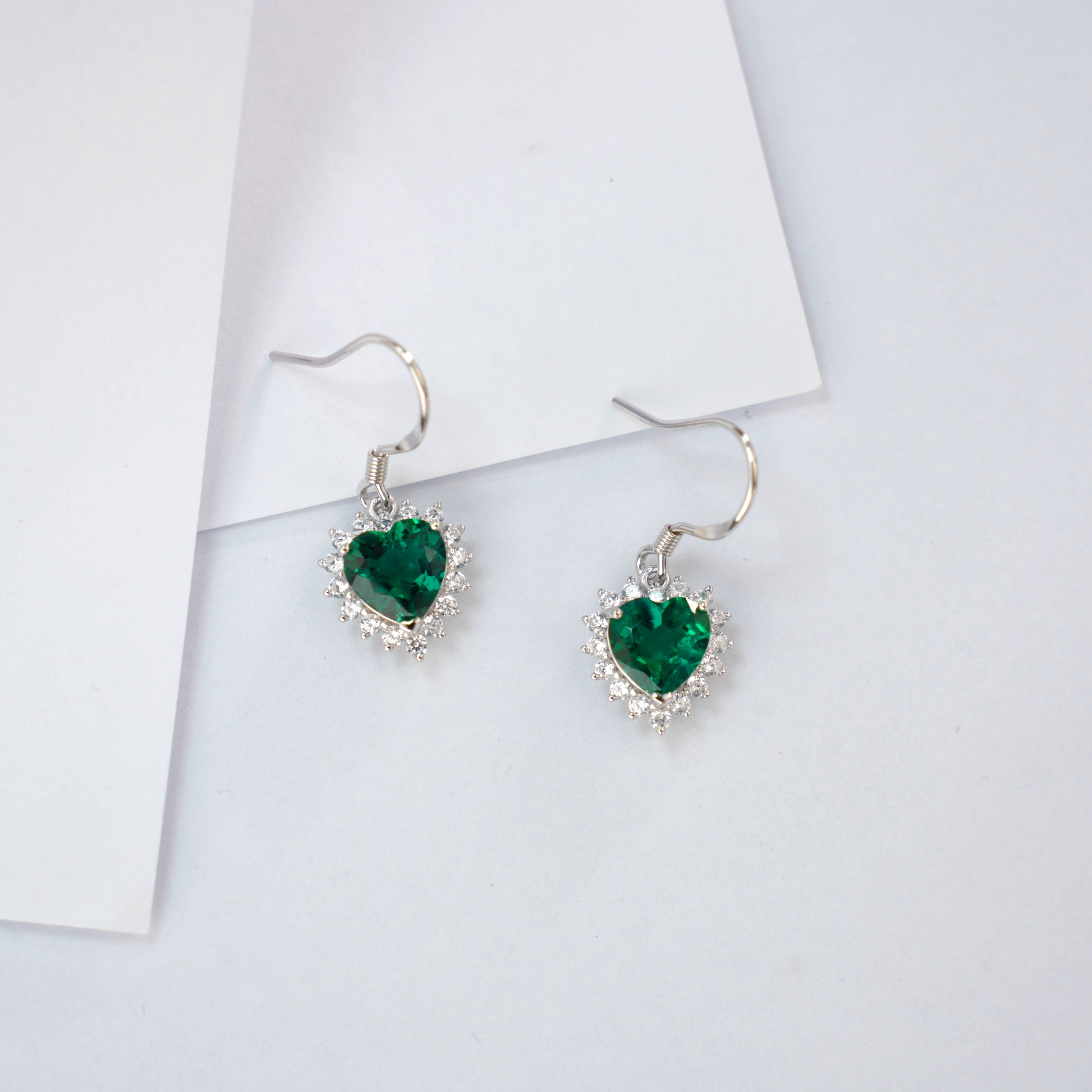 Lab-Grown Emerald - Heart Emerald Diamond Starry Glow Dangle Earrings