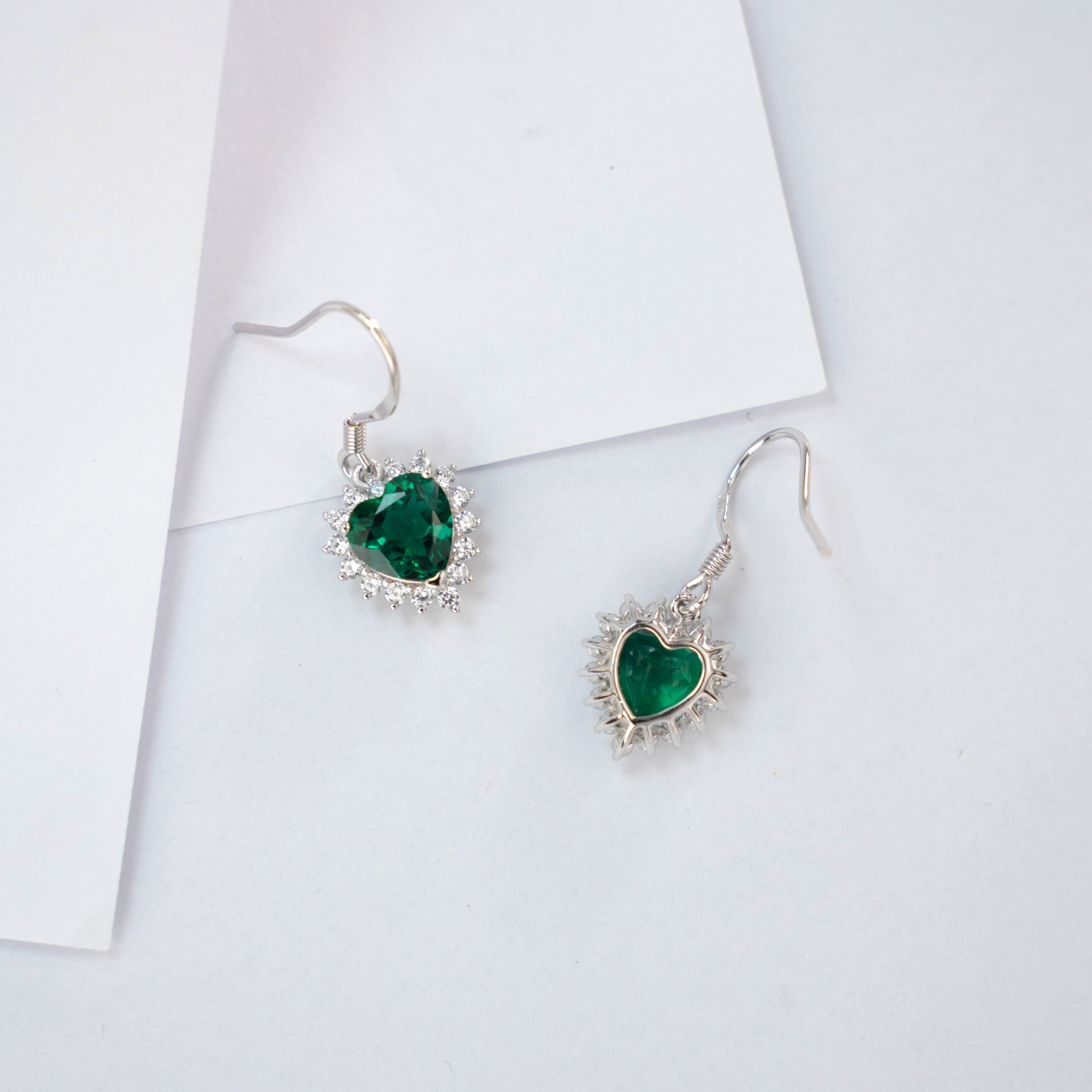 Lab-Grown Emerald - Heart Emerald Diamond Starry Glow Dangle Earrings