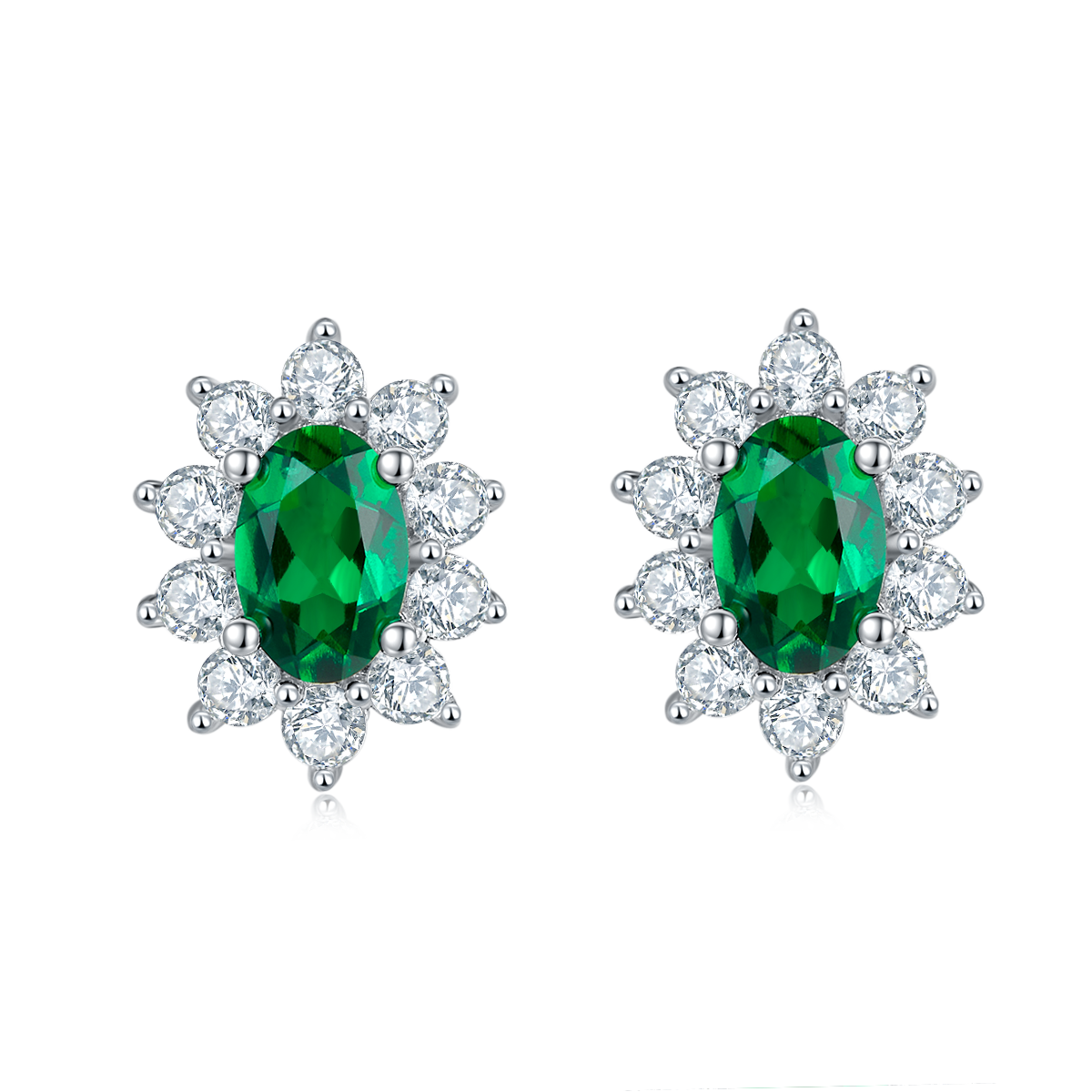 Lab-Grown Emerald - Oval Emerald Diamond Star Cluster Stud Earrings