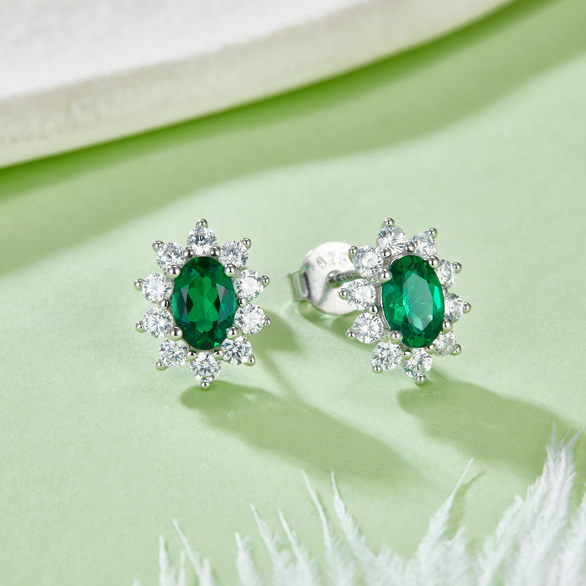 Lab-Grown Emerald - Oval Emerald Diamond Star Cluster Stud Earrings