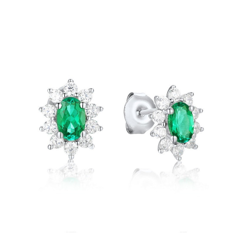 Lab-Grown Emerald - Oval Emerald Diamond Star Cluster Stud Earrings