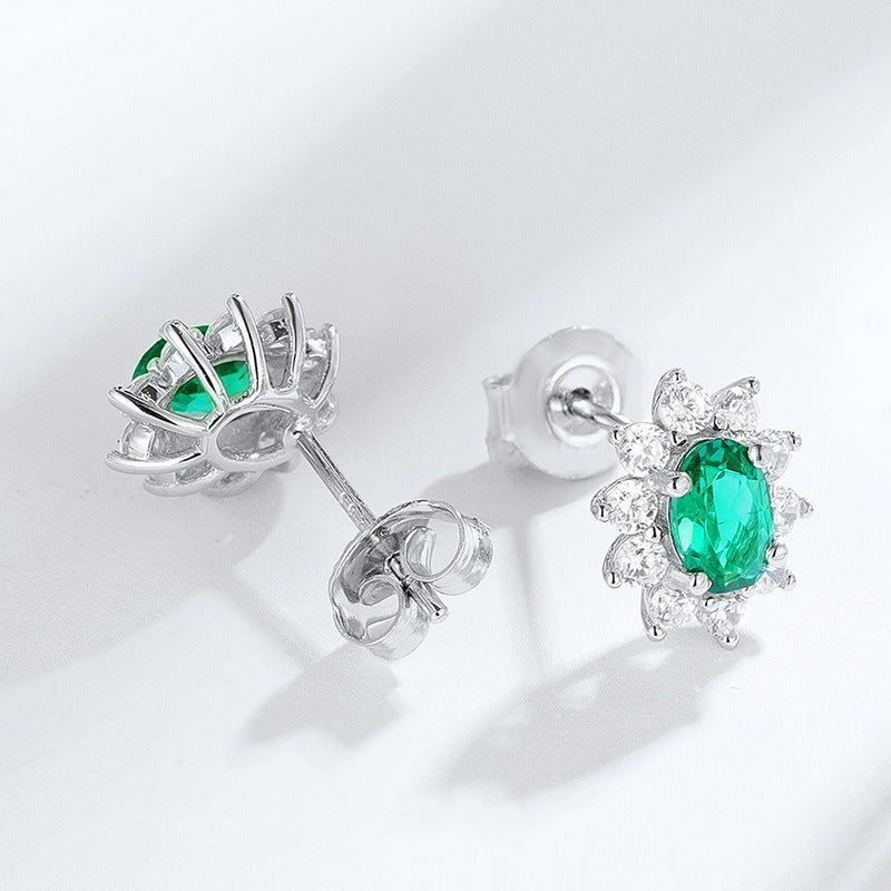 Lab-Grown Emerald - Oval Emerald Diamond Star Cluster Stud Earrings