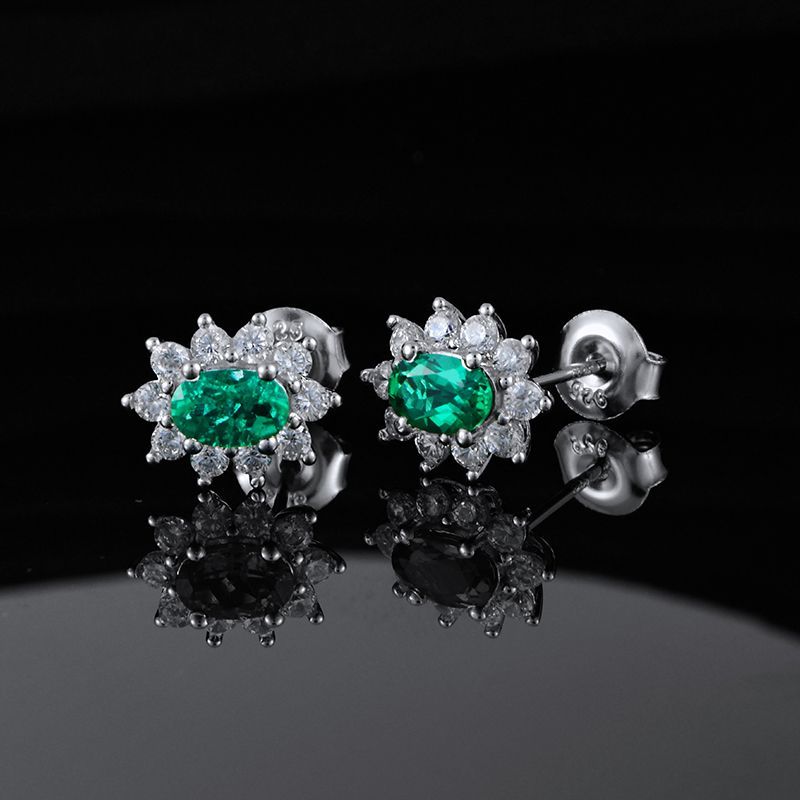 Lab-Grown Emerald - Oval Emerald Diamond Star Cluster Stud Earrings