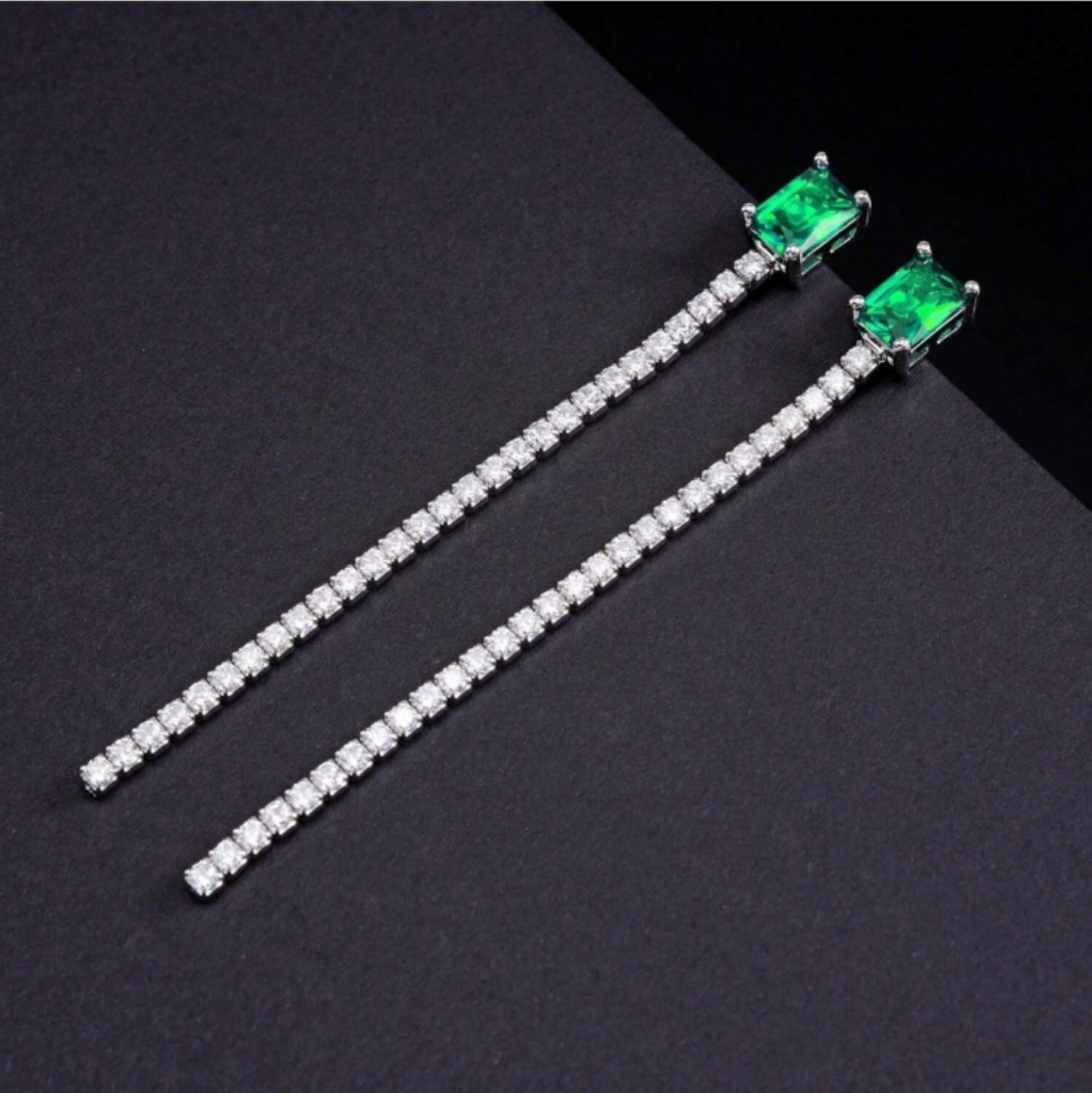 Lab-Grown Emerald - Square Emerald Diamond Gleaming Dangle Earrings