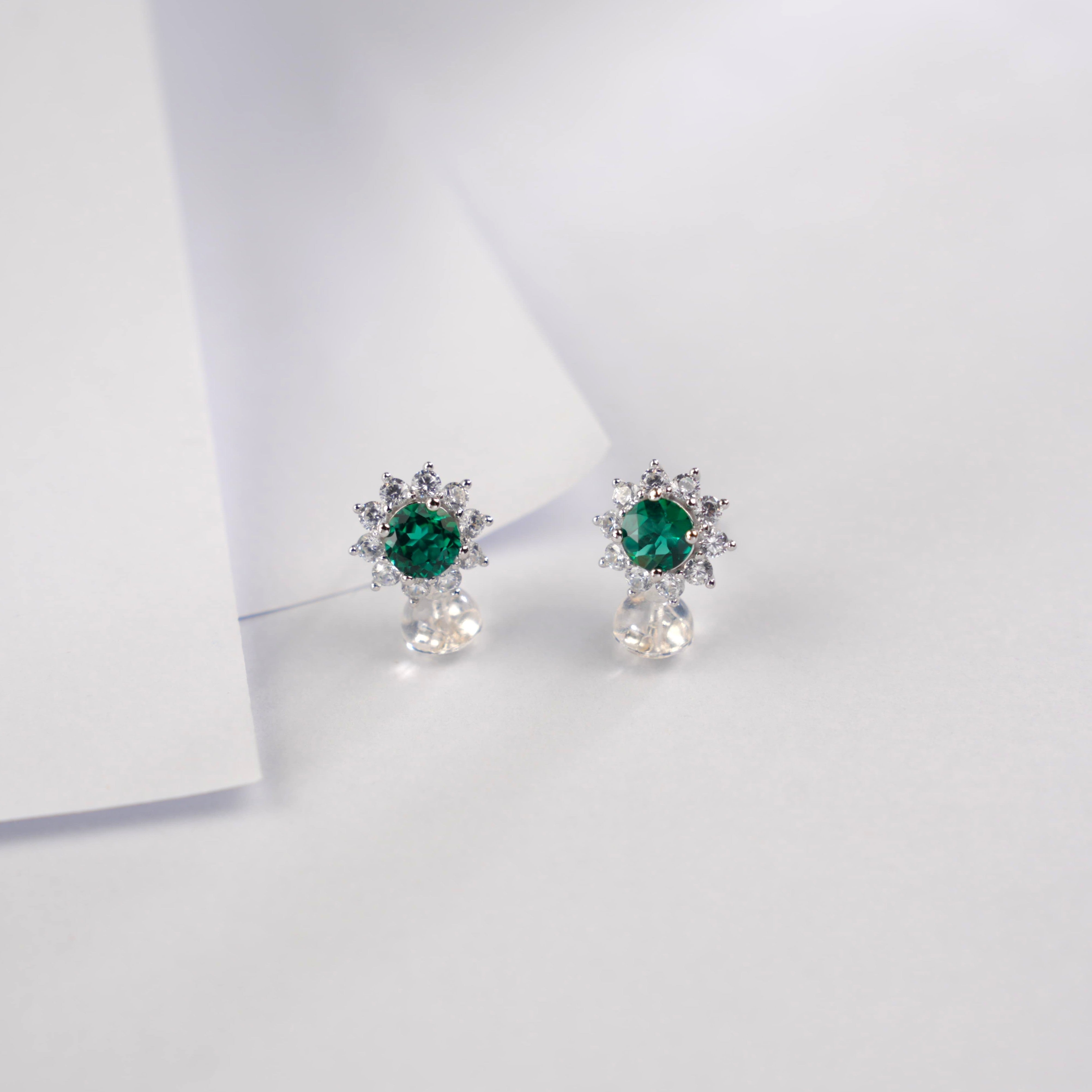 Lab-Grown Emerald - Round Emerald Diamond Starburst Stud Earrings