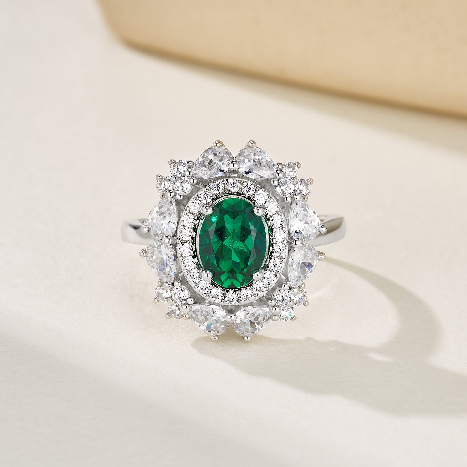 Lab-Grown Emerald - Oval Emerald Diamond Cluster Ring