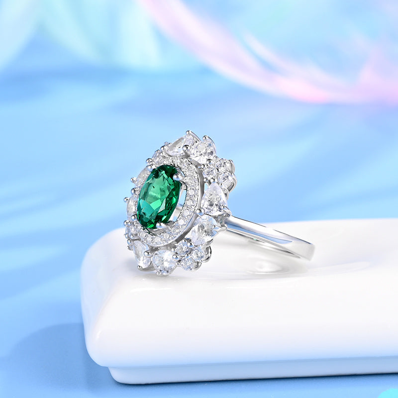 Lab-Grown Emerald - Oval Emerald Diamond Cluster Ring