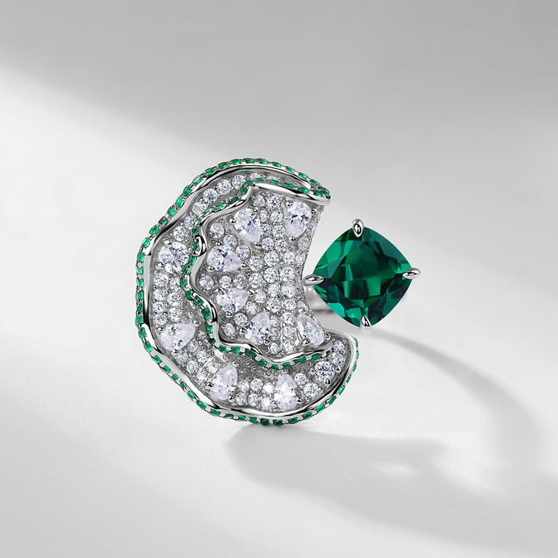 Lab-Grown Emerald - Square Emerald Diamond Wave Layered Luxury Ring