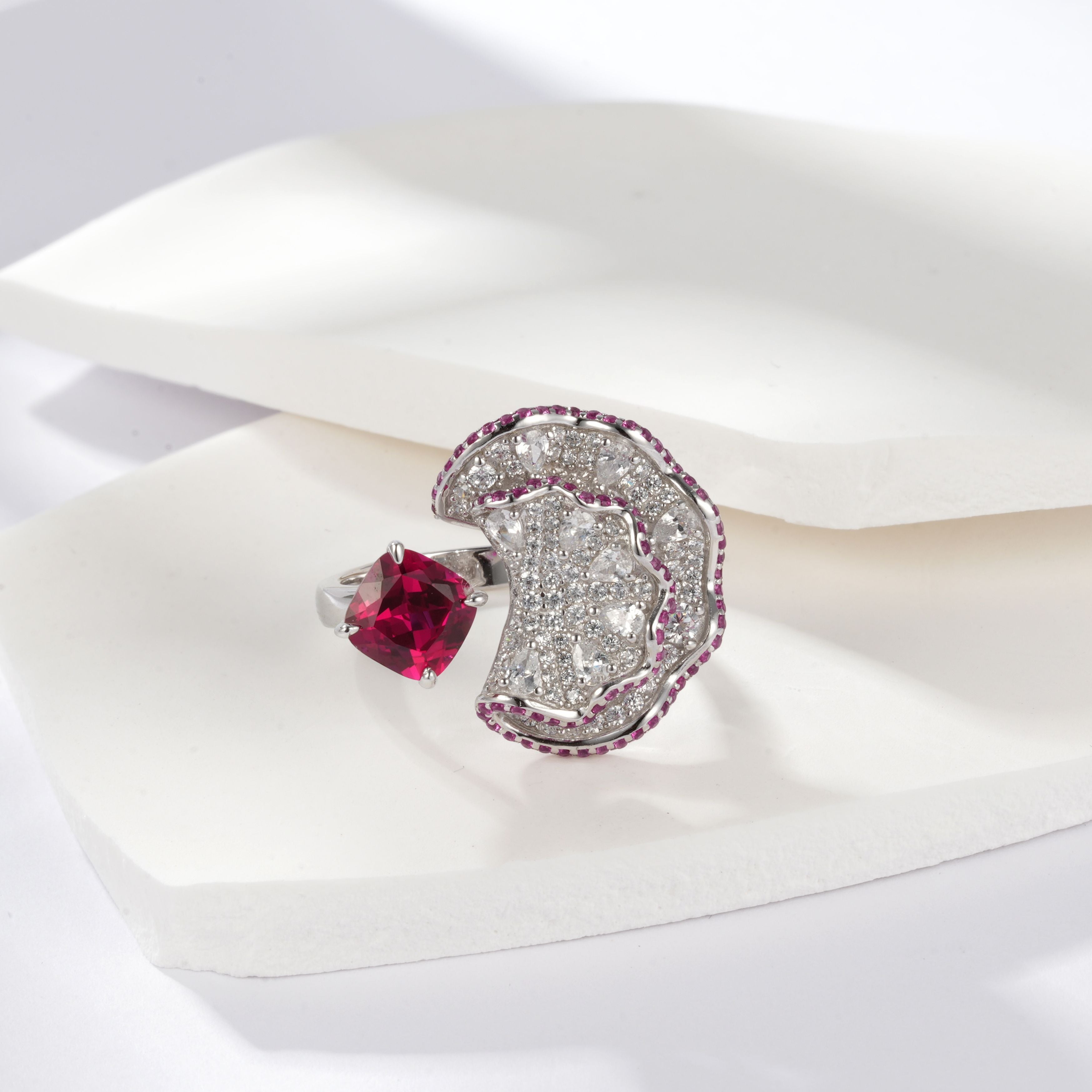 Lab-Grown Emerald - Square Emerald Diamond Wave Layered Luxury Ring