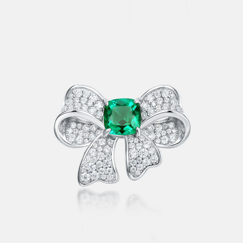 Lab-Grown Emerald - Square Emerald Diamond Knot Butterfly Charm Ring