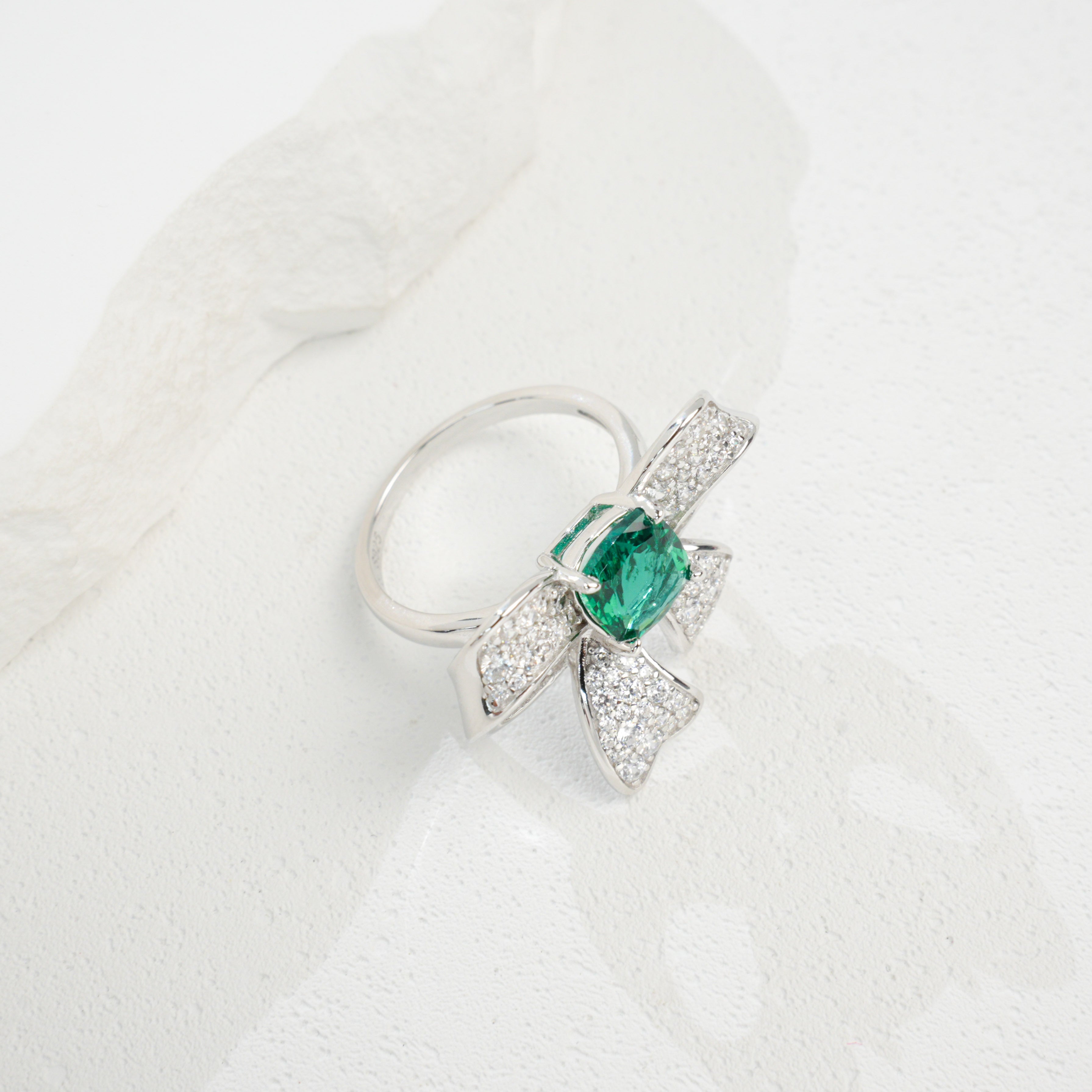 Lab-Grown Emerald - Square Emerald Diamond Knot Butterfly Charm Ring