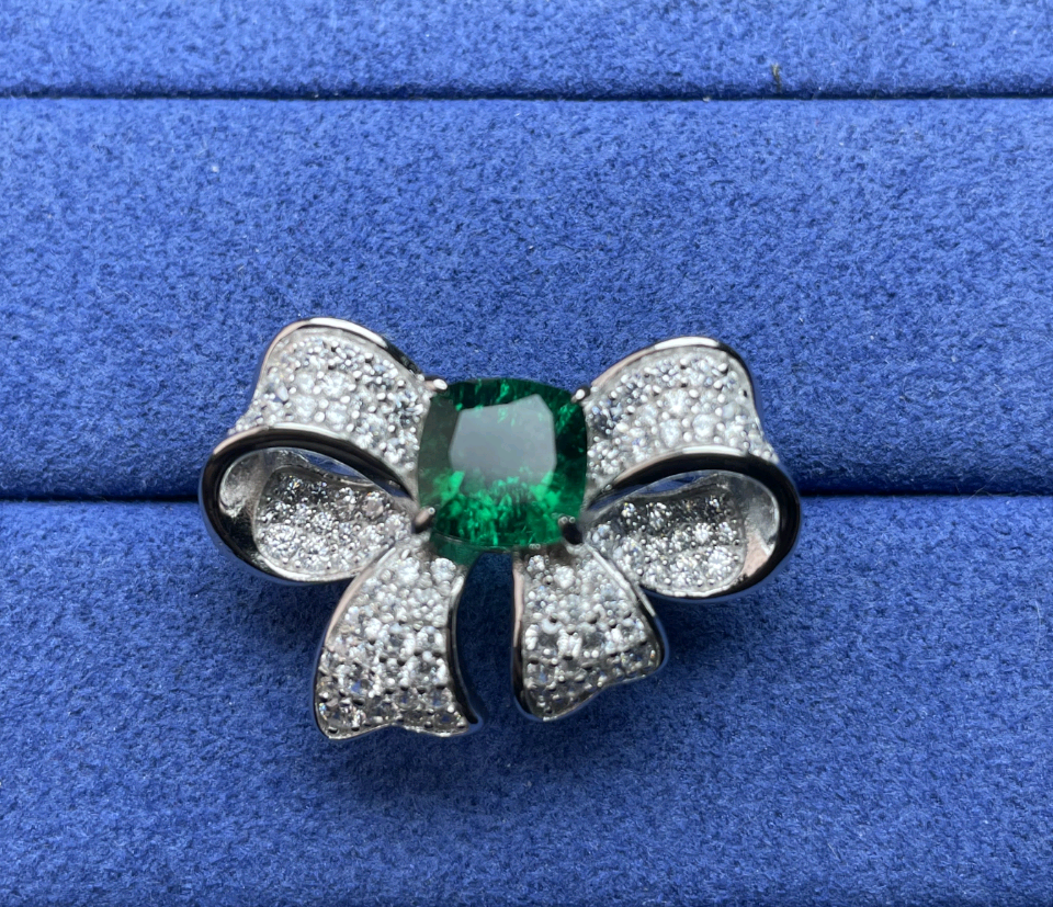 Lab-Grown Emerald - Square Emerald Diamond Knot Butterfly Charm Ring
