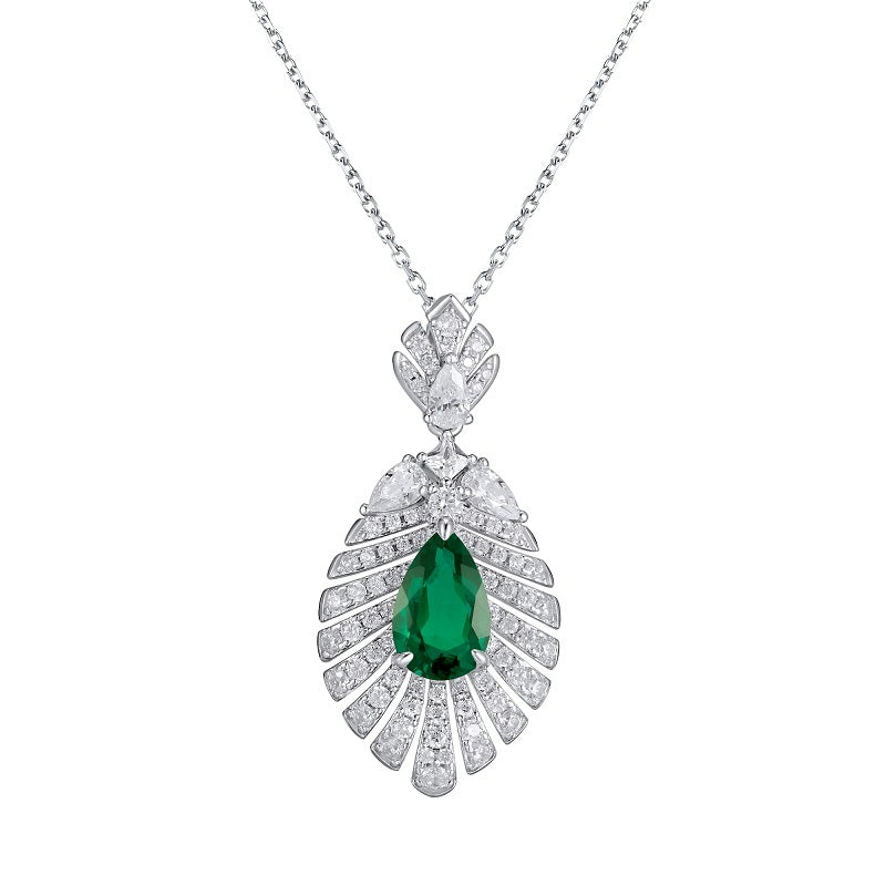Lab-Grown Emerald - Dewy Emerald Diamond Feather Fan Pendant