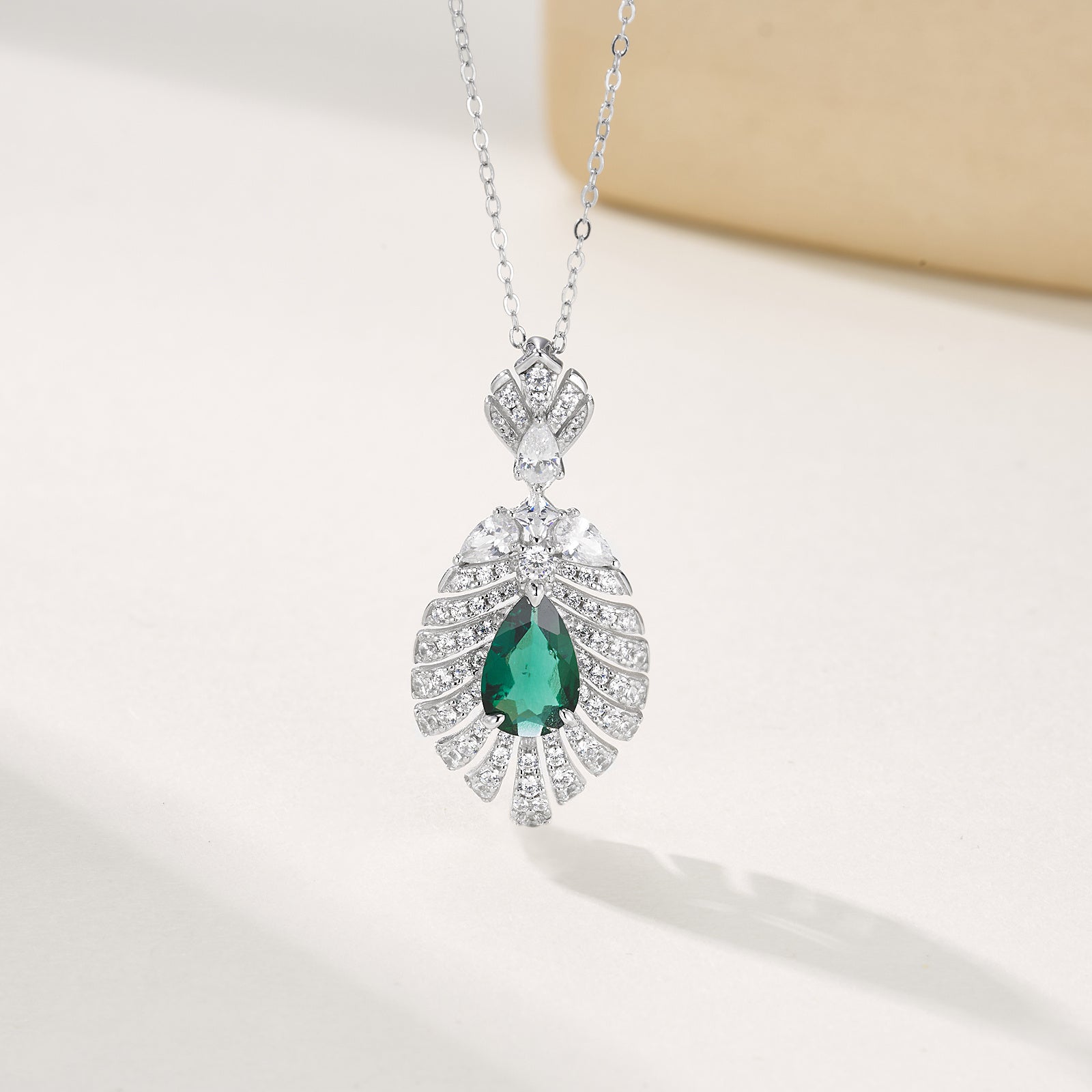 Lab-Grown Emerald - Dewy Emerald Diamond Feather Fan Pendant