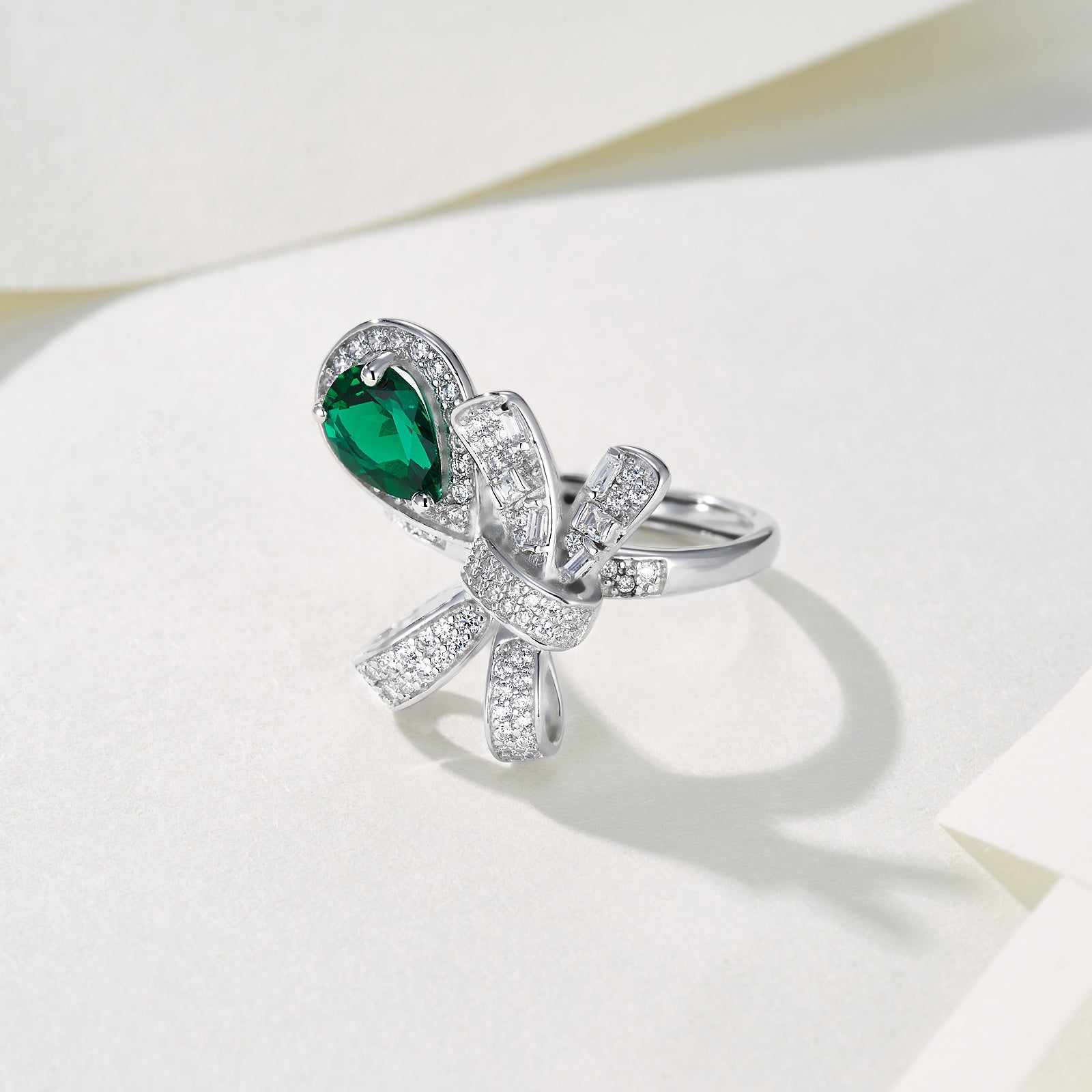 Butterfly Whispers | Teardrop Lab-Created Emerald Bow Ring