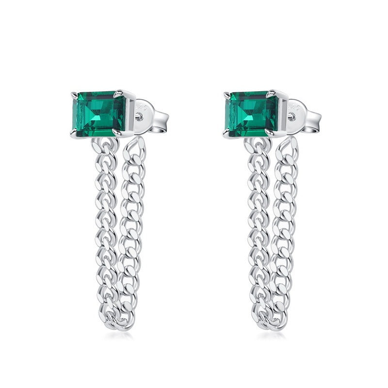 Chained Radiance | Industrial-Chain Square Emerald Earrings