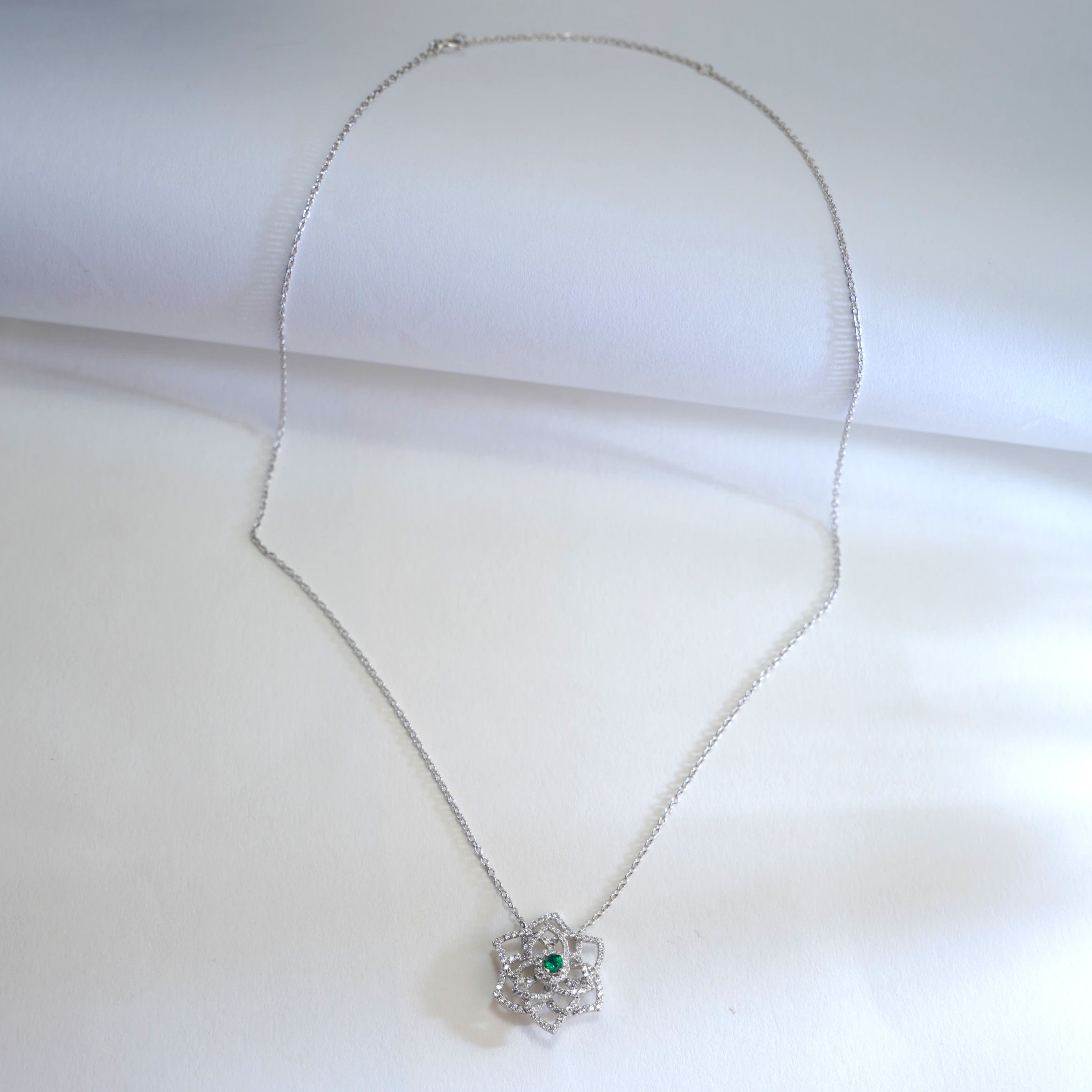 Morning Dew Among Flowers | Diamond Petals Emerald Blossom Necklace
