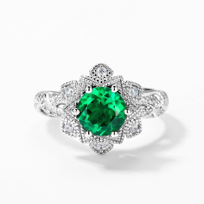 Vintage Flower Emerald Halo Ring